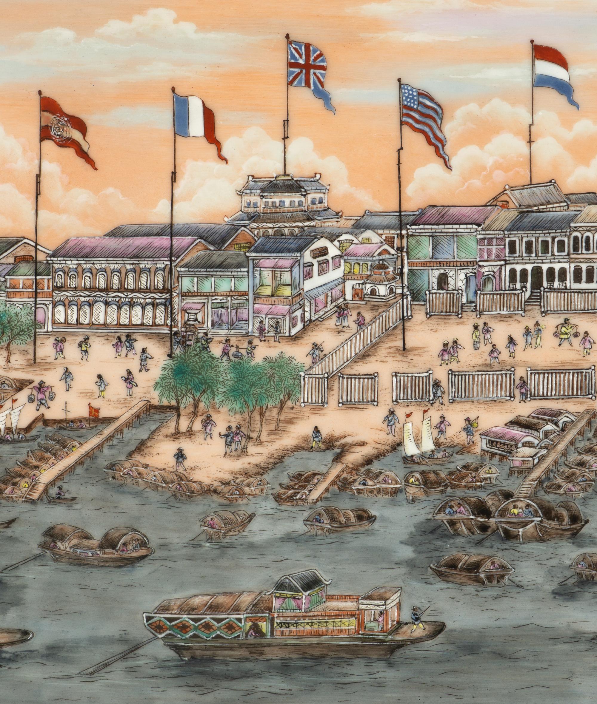 A Chinese Export Painted Plaque Depicting the Quay of Canton