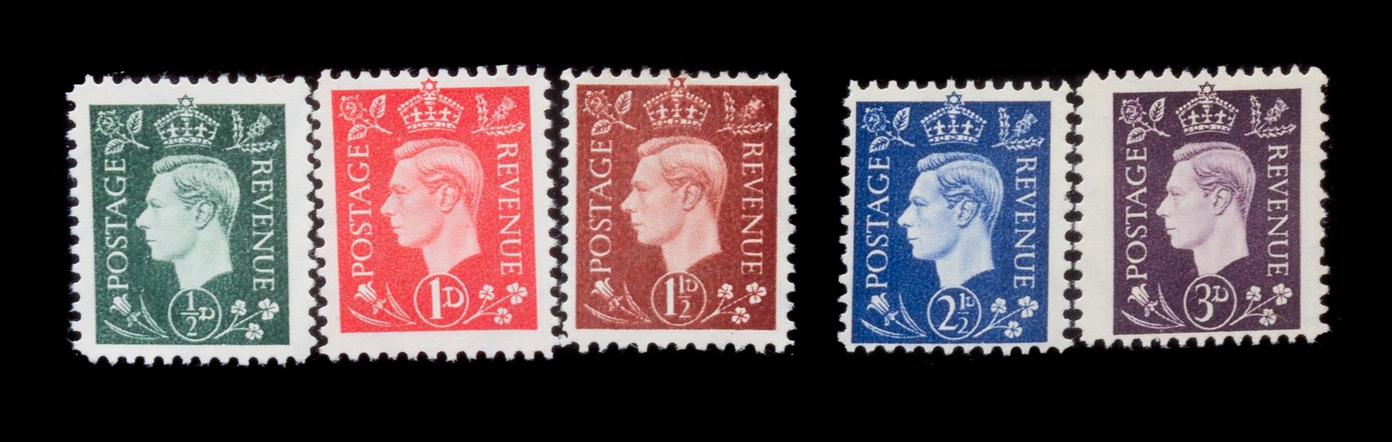 A Group of Five WWII-Era German Propaganda Forgeries of English Stamps — 1941