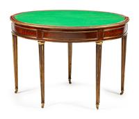 A Louis XVI Style Brass-Mounted Mahogany Triple-Top Demilune Games Table