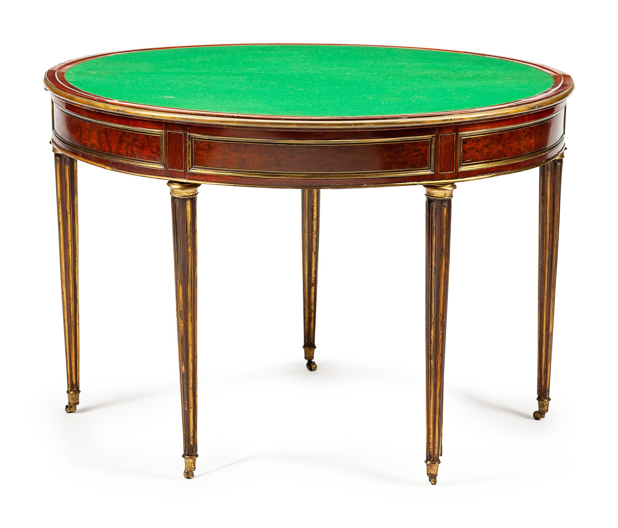 A Louis XVI Style Brass-Mounted Mahogany Triple-Top Demilune Games Table