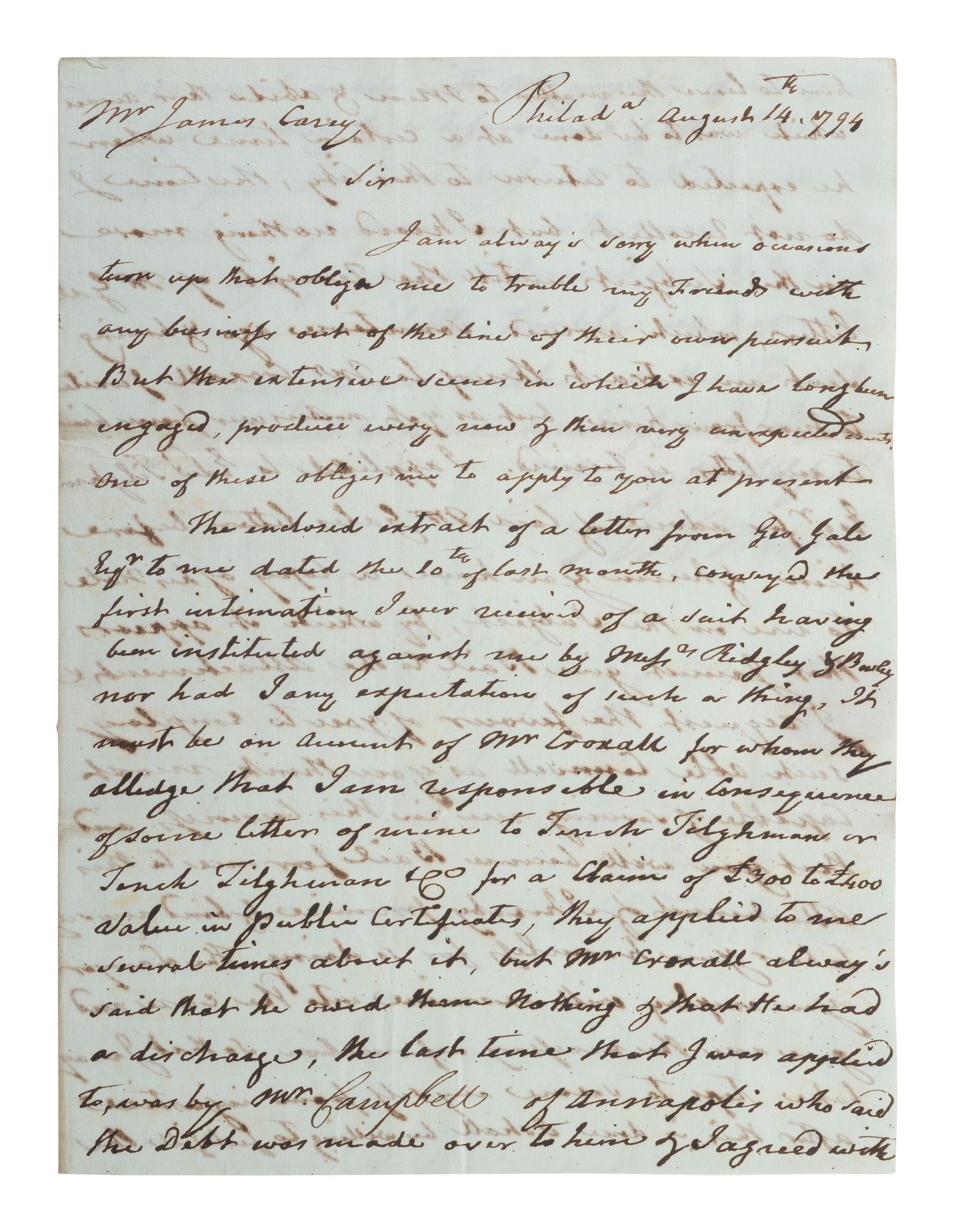 MORRIS, Robert (1734-1806). Autograph letter signed ("Robt. Morris") as United States Senator. Philadelphia, 14 August 1794.