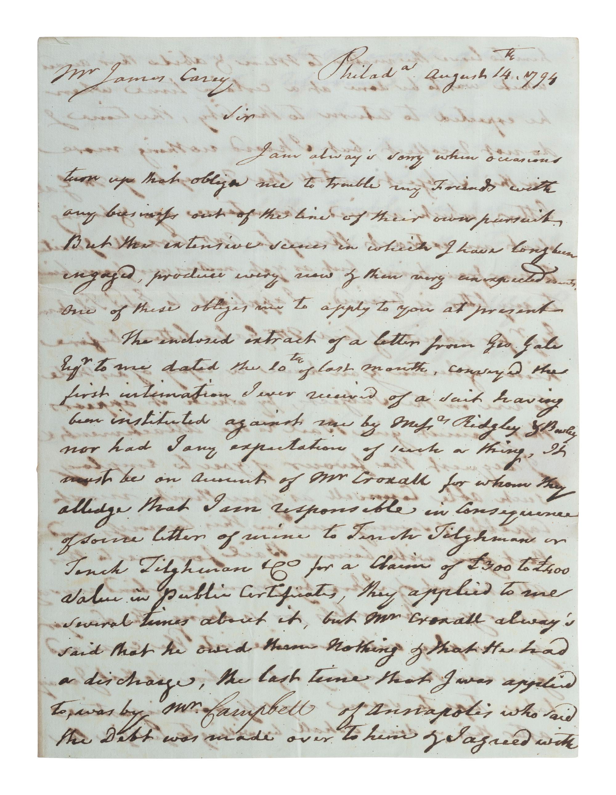 MORRIS, Robert (1734-1806). Autograph letter signed ("Robt. Morris") as United States Senator. Philadelphia, 14 August 1794.