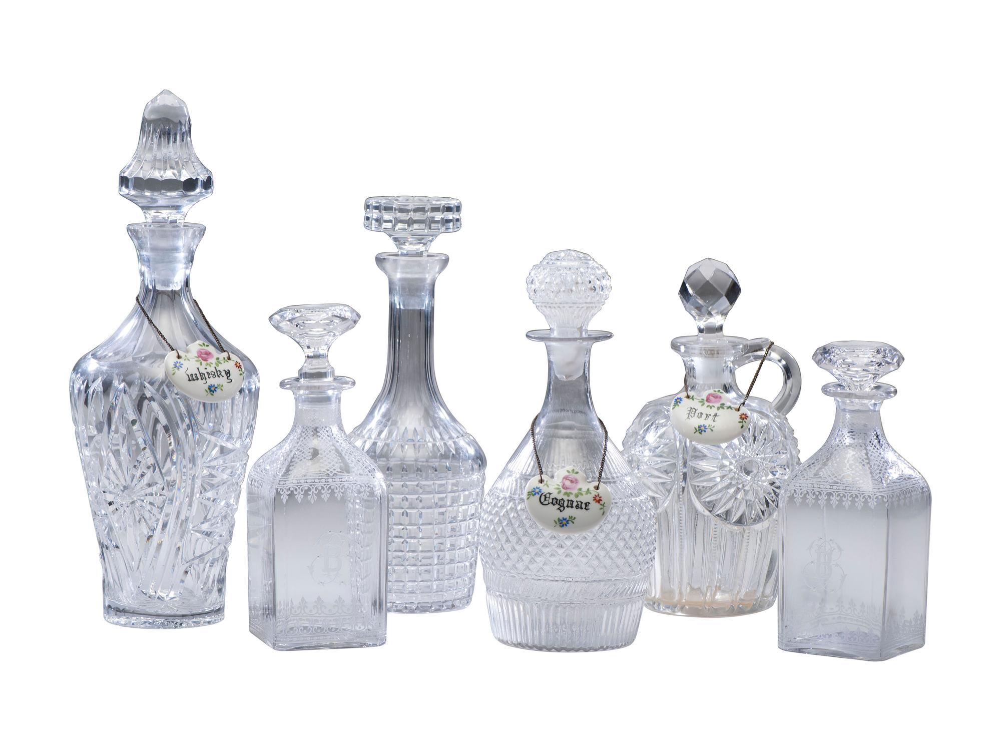 Six Cut and Etched Glass Decanters
