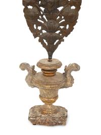 A Pair of Italian Carved Giltwood Urns Inset with Tole Floral Sprays