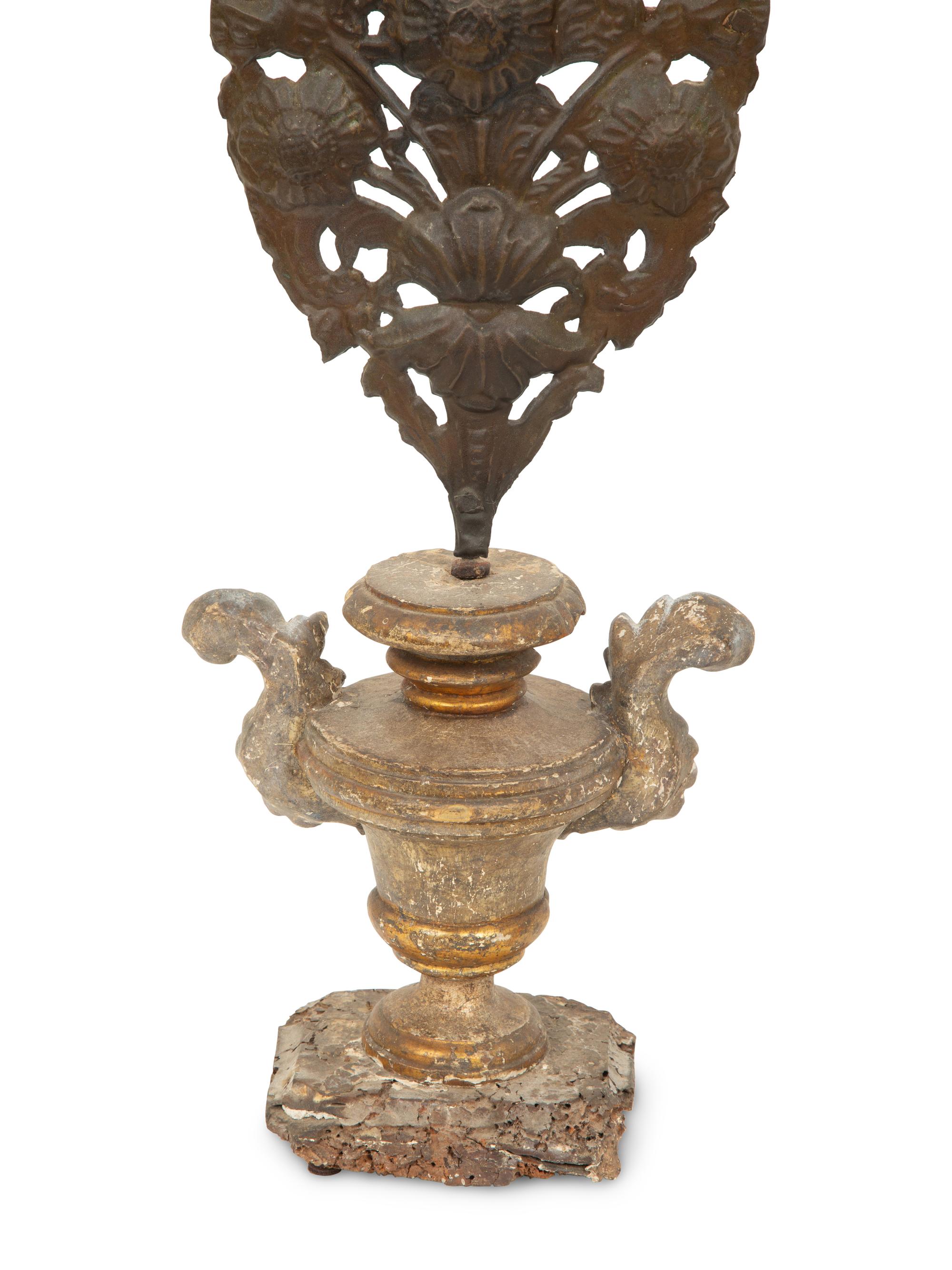 A Pair of Italian Carved Giltwood Urns Inset with Tole Floral Sprays