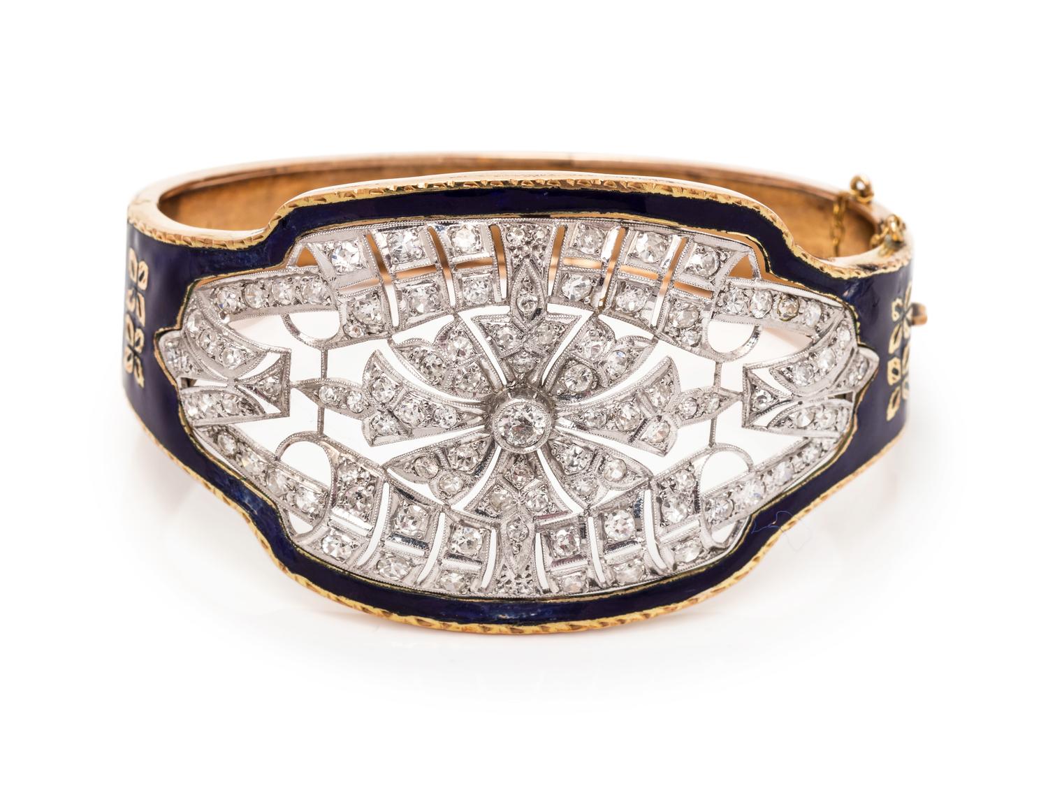 An Antique Yellow Gold, Platinum, Diamond and Enamel Bangle Bracelet,