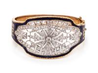 An Antique Yellow Gold, Platinum, Diamond and Enamel Bangle Bracelet,