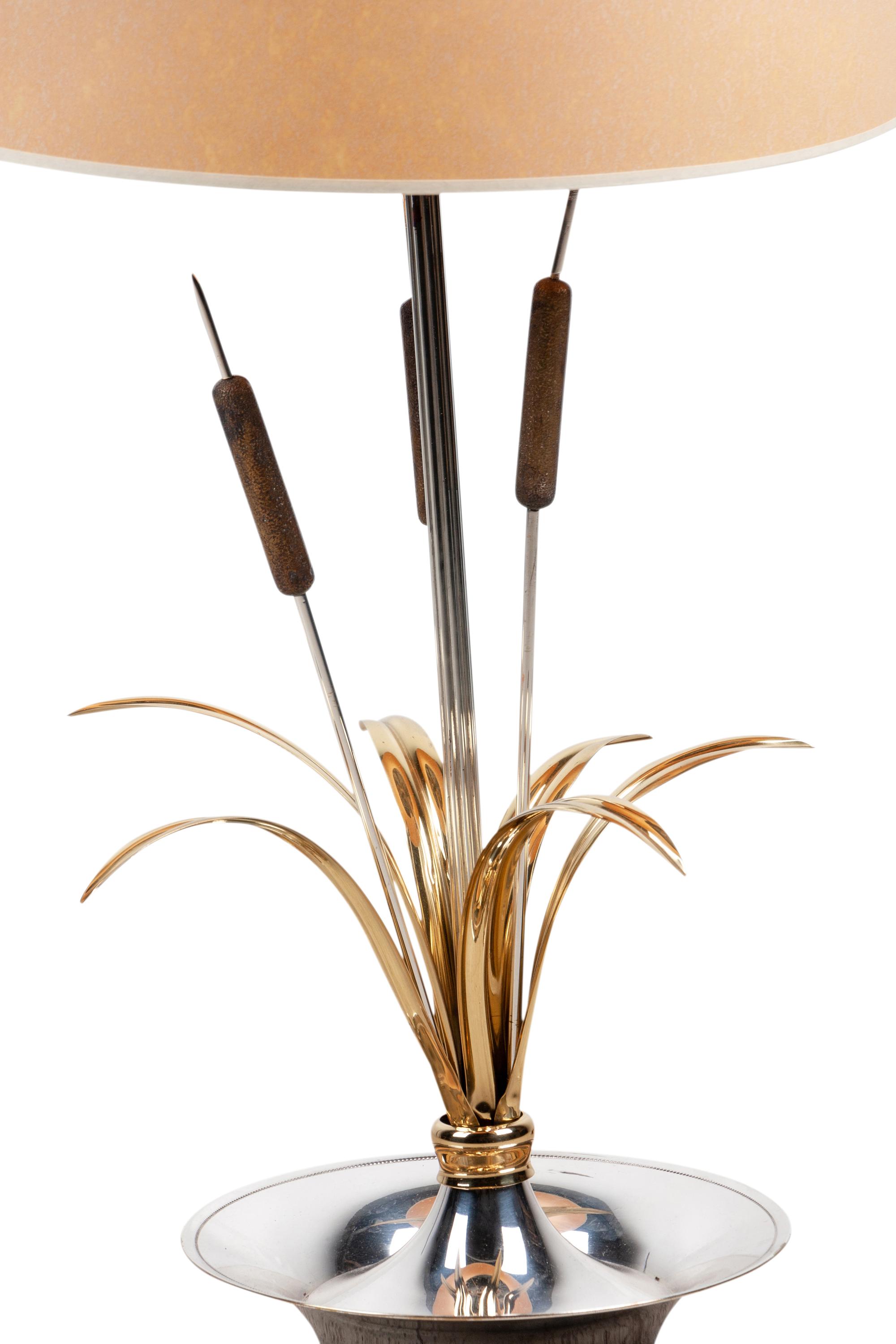A Silvered and Gilt Metal "Cattail" Lamp in the Style of Maison Charles