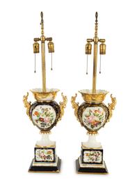 A Pair of French Porcelain Urns Mounted as Lamps