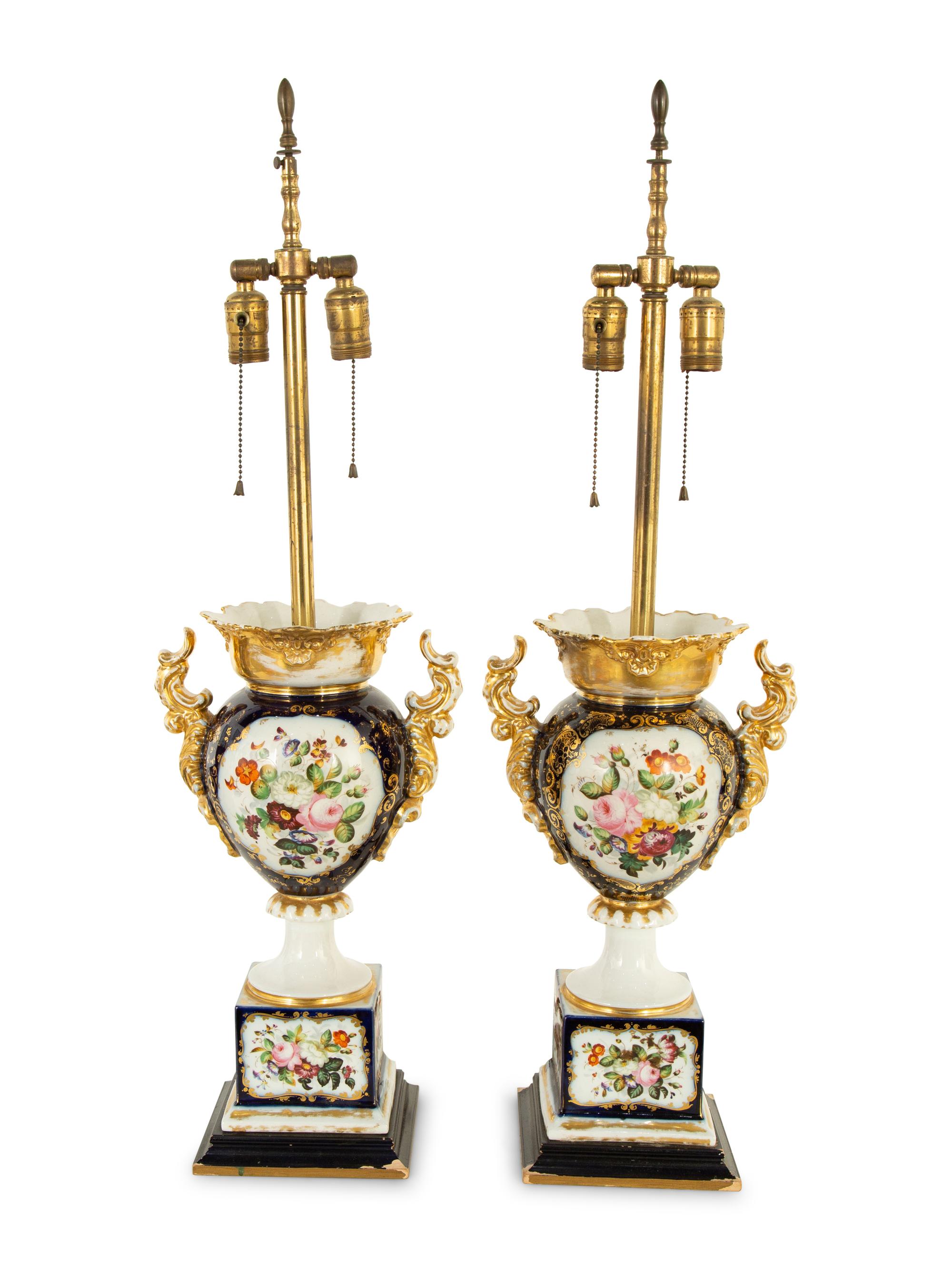A Pair of French Porcelain Urns Mounted as Lamps