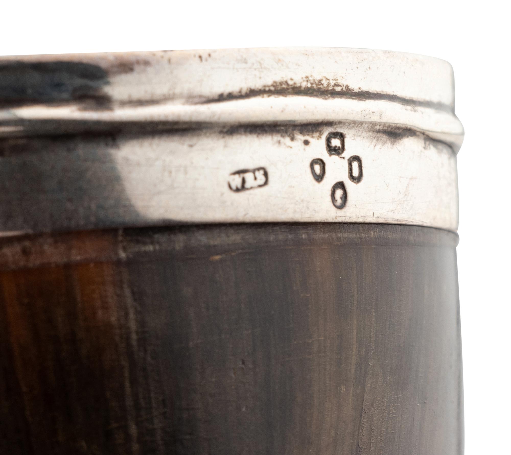 A Walnut and Mahogany Tantalus and Three Silver-Mounted Horn Tumblers