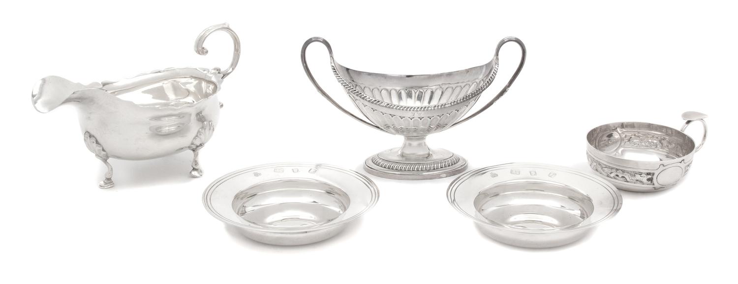 Five English Silver Articles, Various Makers, comprising a wine taster by John Rose, Birmingham, 1975; a small saucer tureen by Thomas