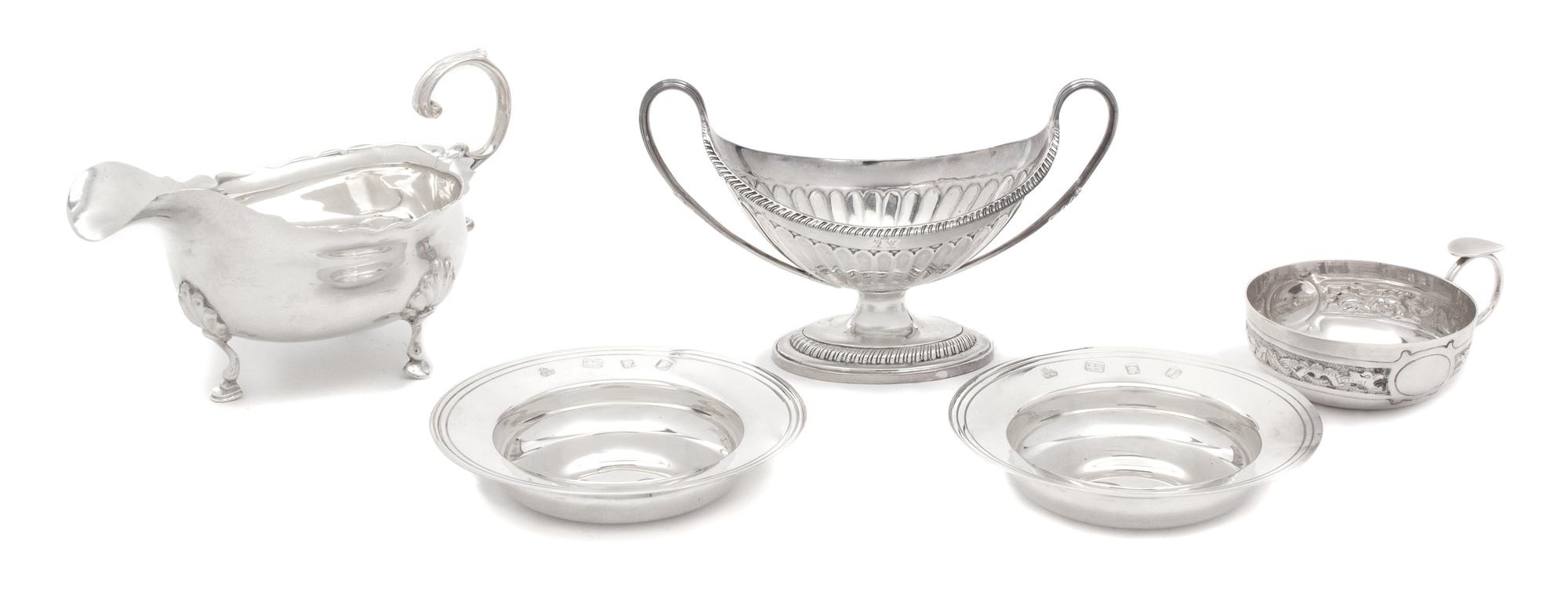 Five English Silver Articles, Various Makers, comprising a wine taster by John Rose, Birmingham, 1975; a small saucer tureen by Thomas
