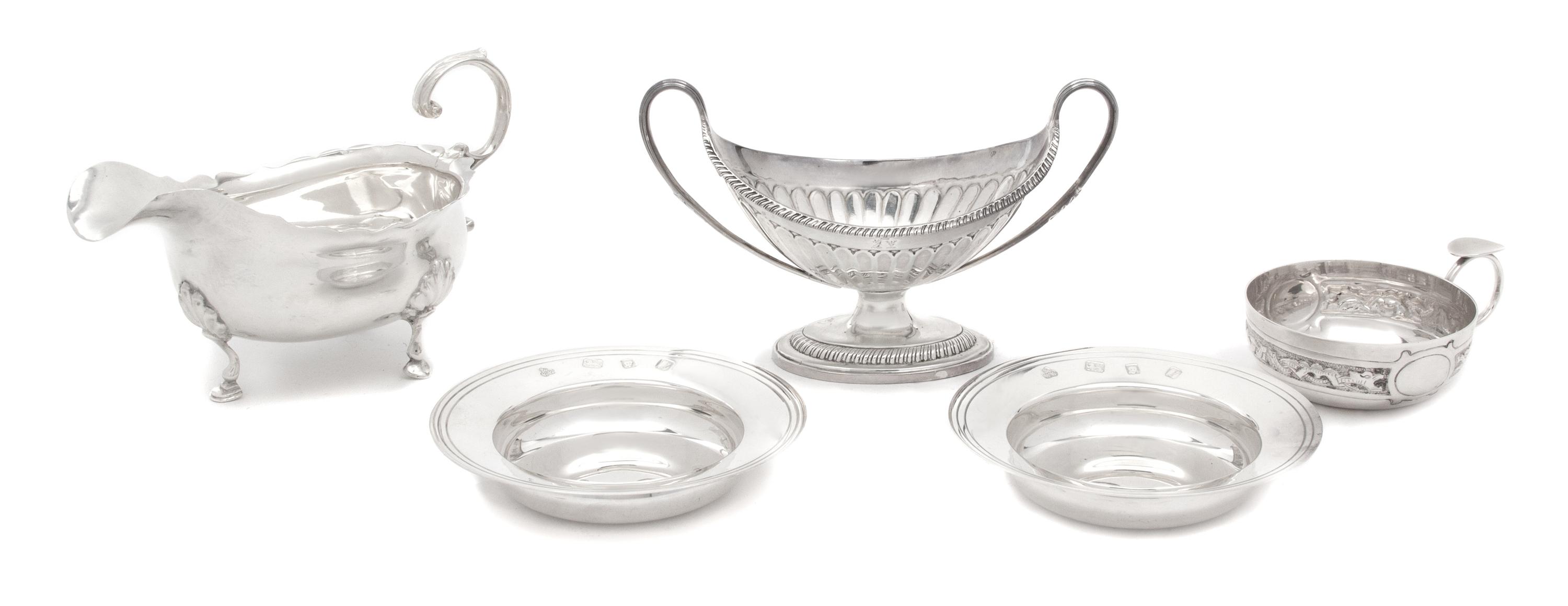 Five English Silver Articles, Various Makers, comprising a wine taster by John Rose, Birmingham, 1975; a small saucer tureen by Thomas