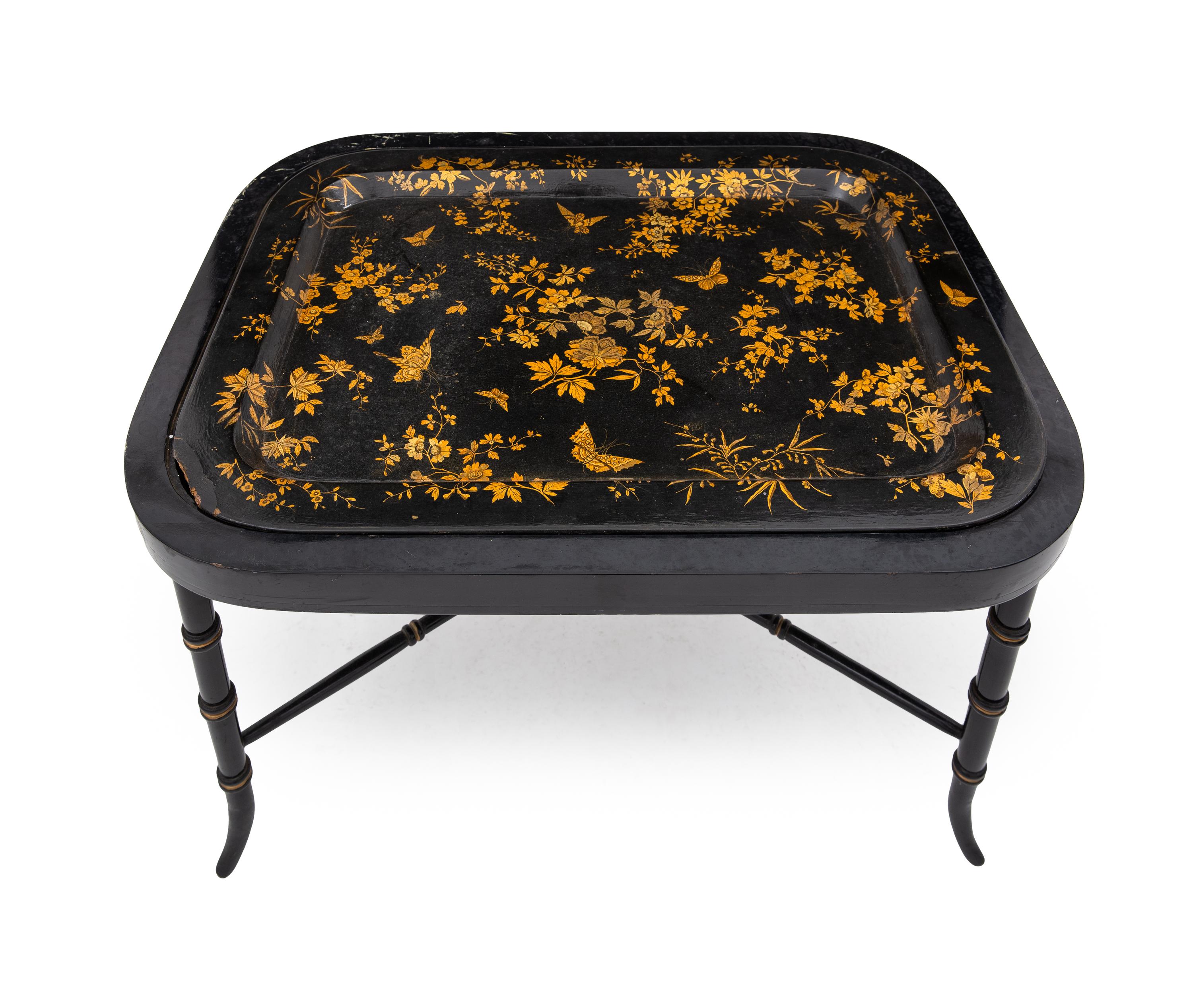 Two Victorian Parcel-Gilt Papier Mache Tray Tables and Five Tole Peinte Trays