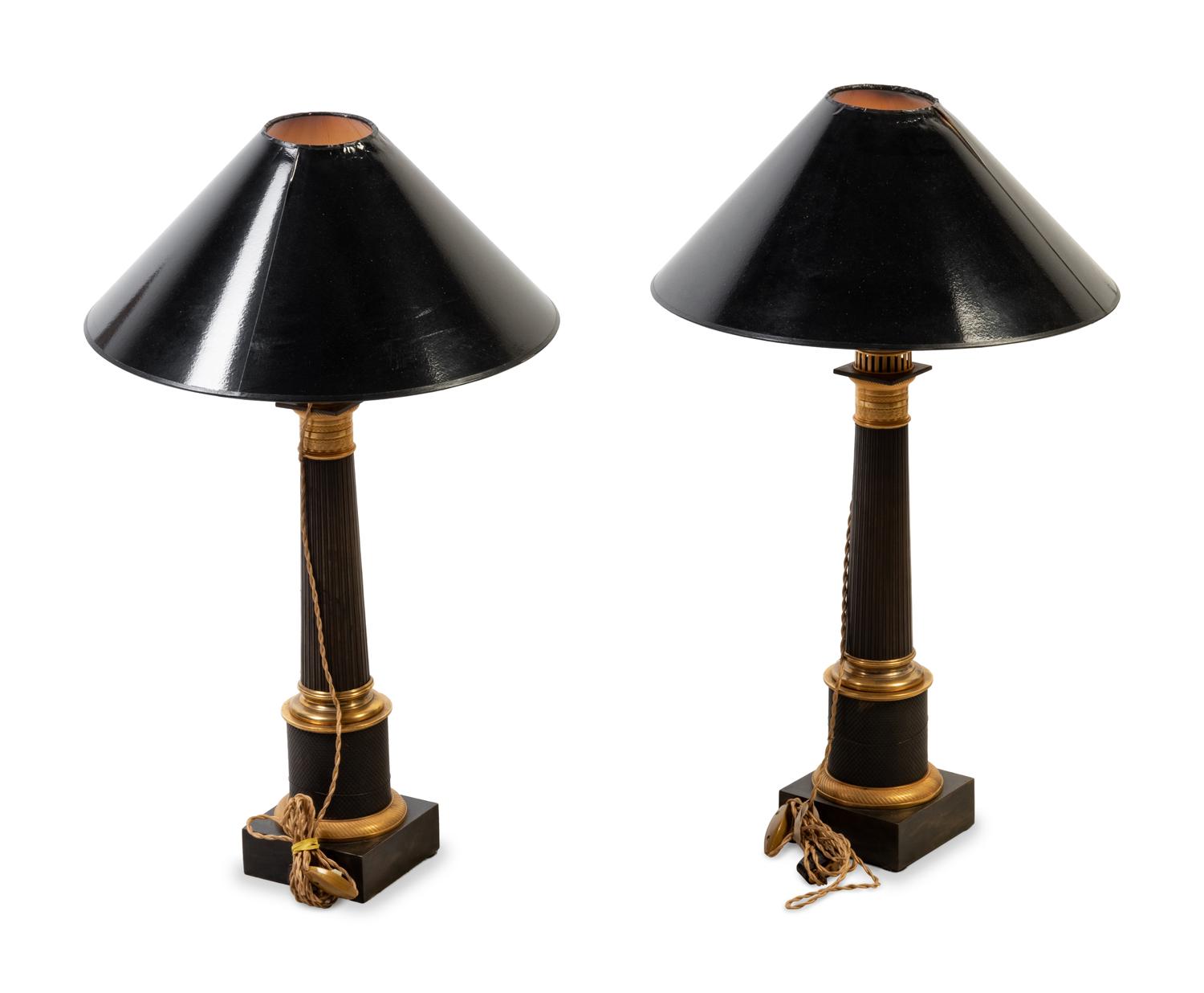 A Pair of Empire Gilt and Patinated Bronze Oil Lamps Converted to Electricity
