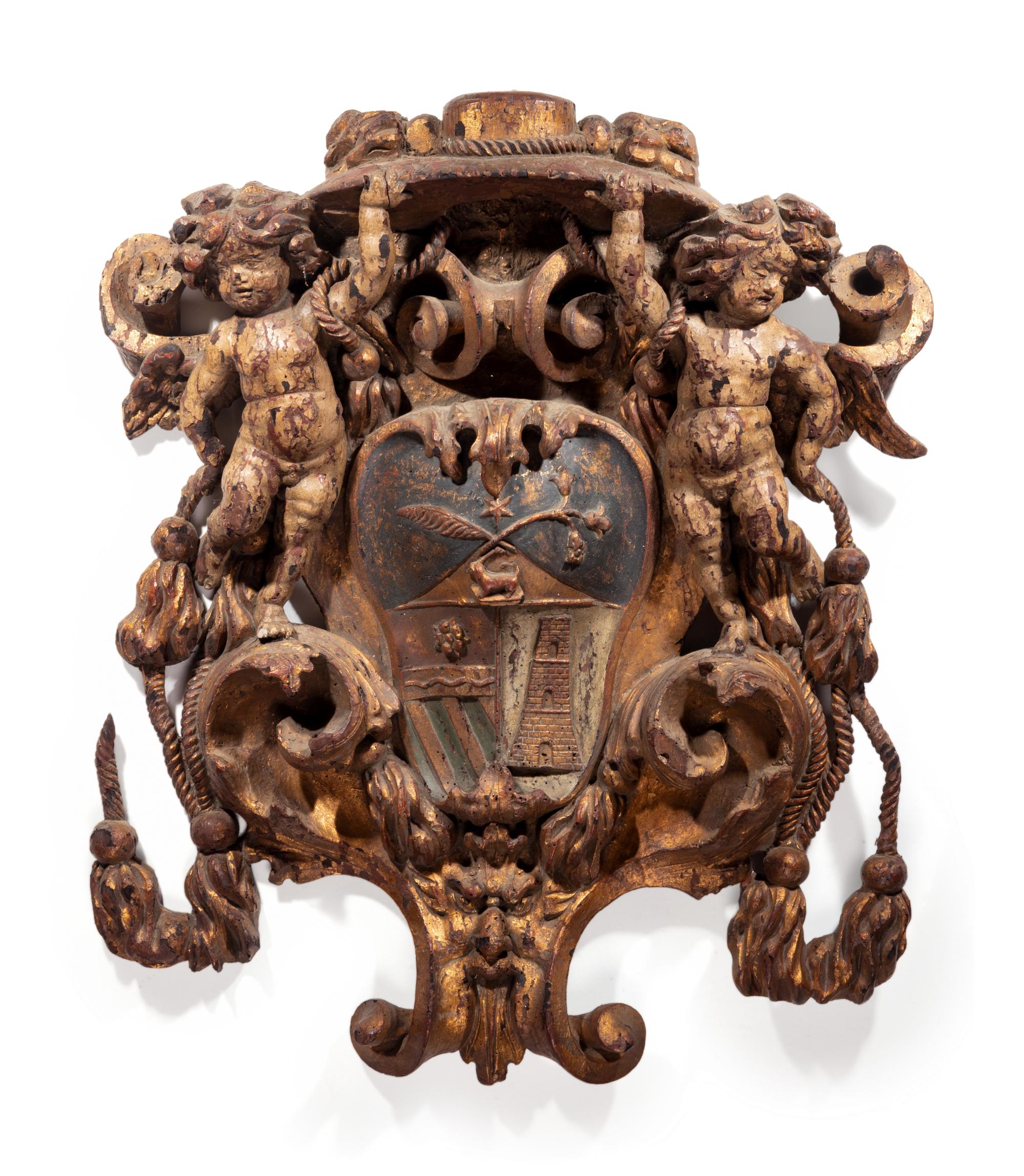 An Italian Baroque Painted and Parcel Gilt Episcopal Coat of Arms