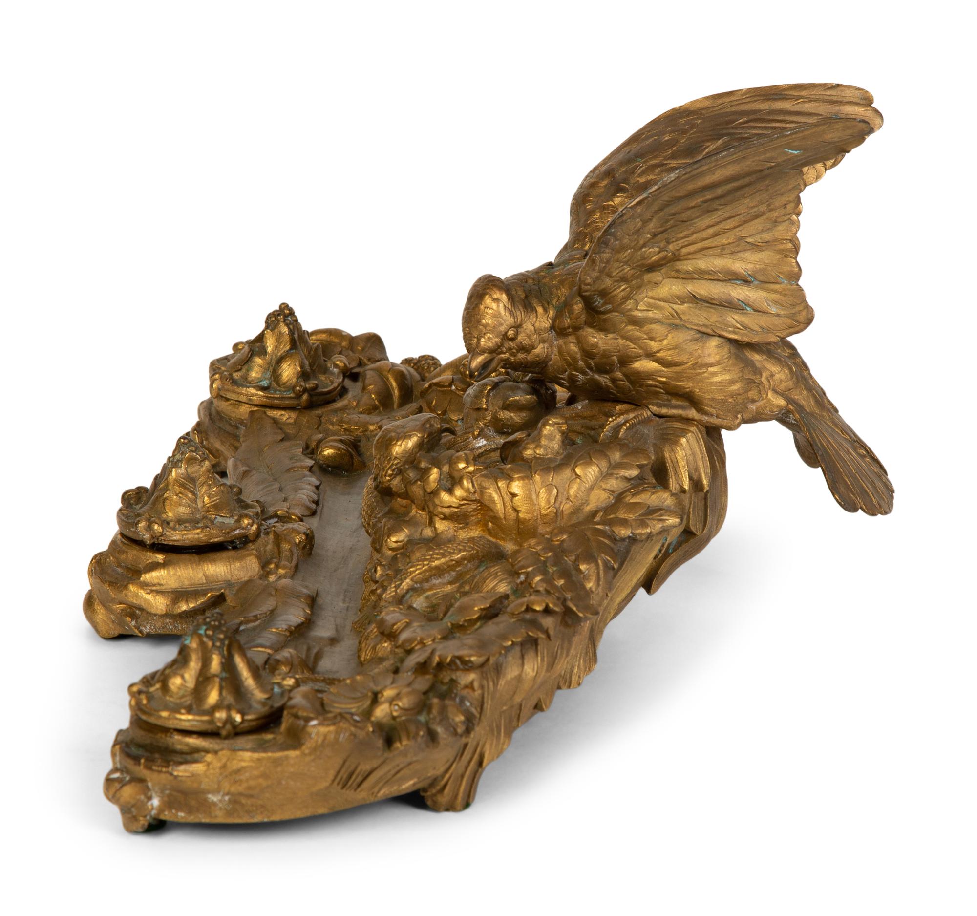 A Continental Gilt Bronze Inkwell with Bird and Nest in the Manner of Pautrot — 19th Century