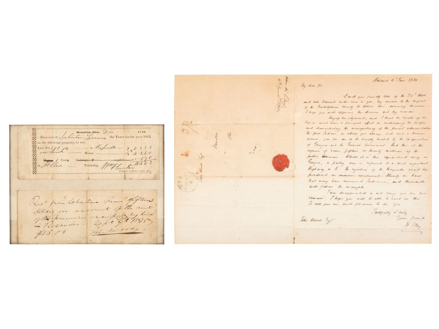 [POLITICS - INDIAN REMOVAL]. CLAY, Henry (1777-1852). Autograph letter signed ("H. Clay") to John Woods of Hamilton, Ohio. Ashland [Kentucky]. 4 June 1830.