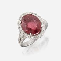 A pink tourmaline, diamond, and white gold ring