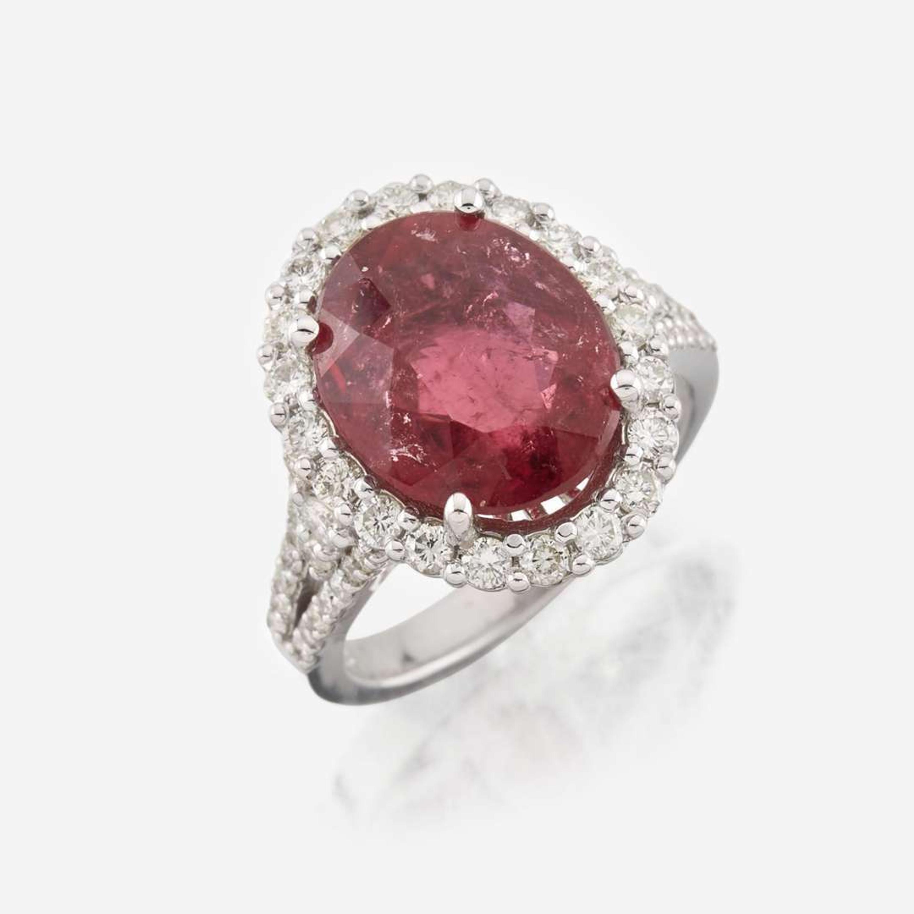 A pink tourmaline, diamond, and white gold ring