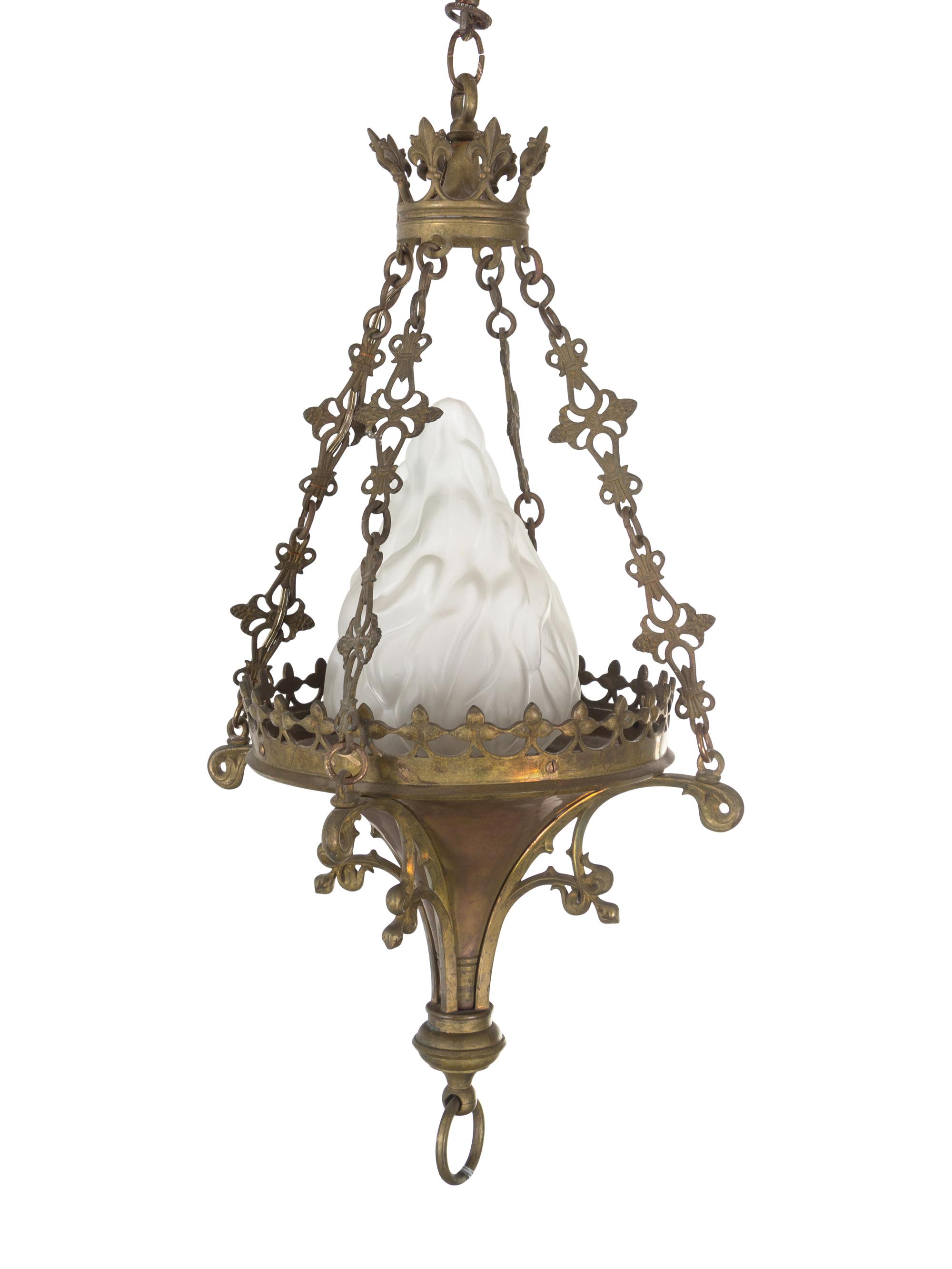 A Continental Brass and Frosted Glass Hall Lantern