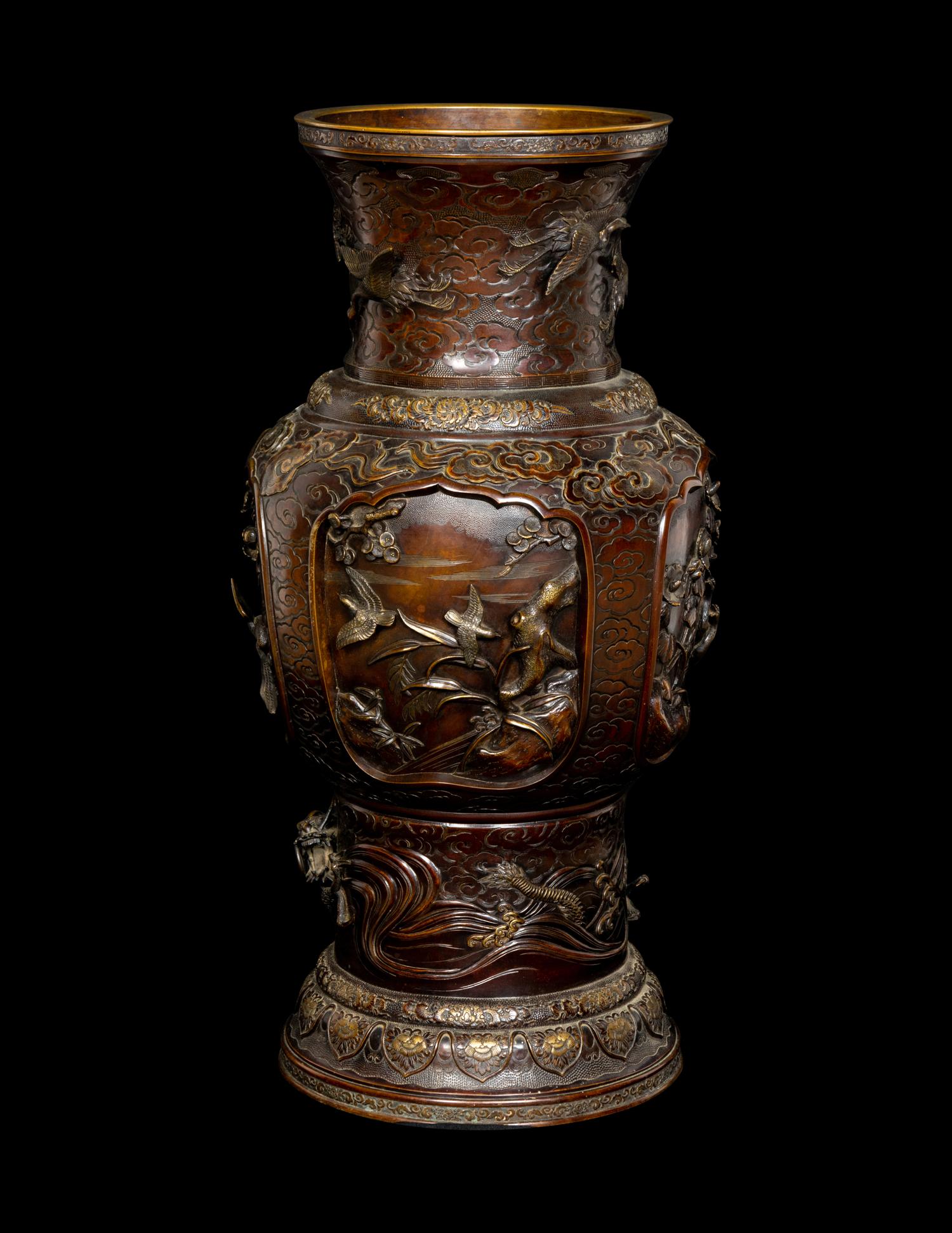 A Japanese Bronze and Mixed-Metal Floor Vase