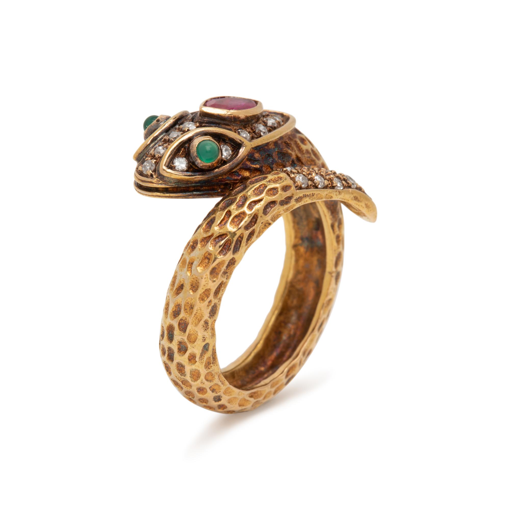 YELLOW GOLD, GEMSTONE AND DIAMOND SNAKE RING