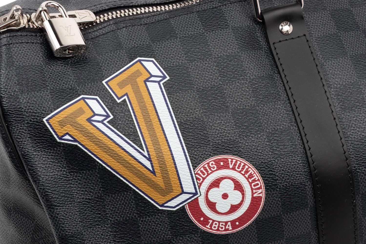 Louis Vuitton Limited Edition Keepall Bandoulière 45 in Damier Graphite Coated Canvas with Printed Travel "Stickers", LV League, Fall Winter 2017