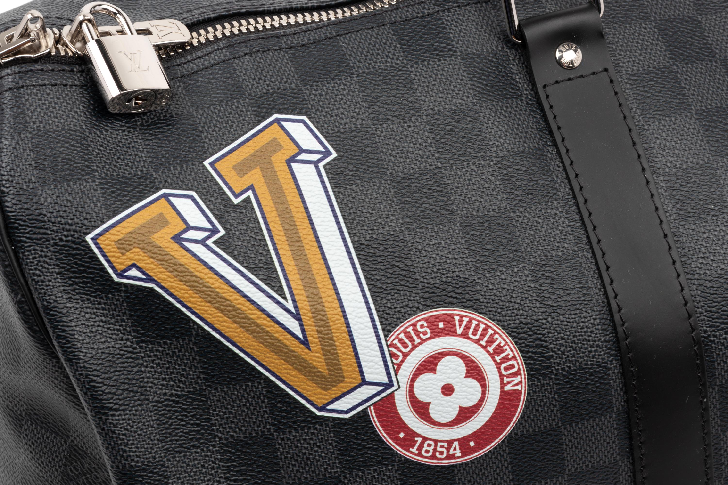 Louis Vuitton Limited Edition Keepall Bandoulière 45 in Damier Graphite Coated Canvas with Printed Travel "Stickers", LV League, Fall Winter 2017