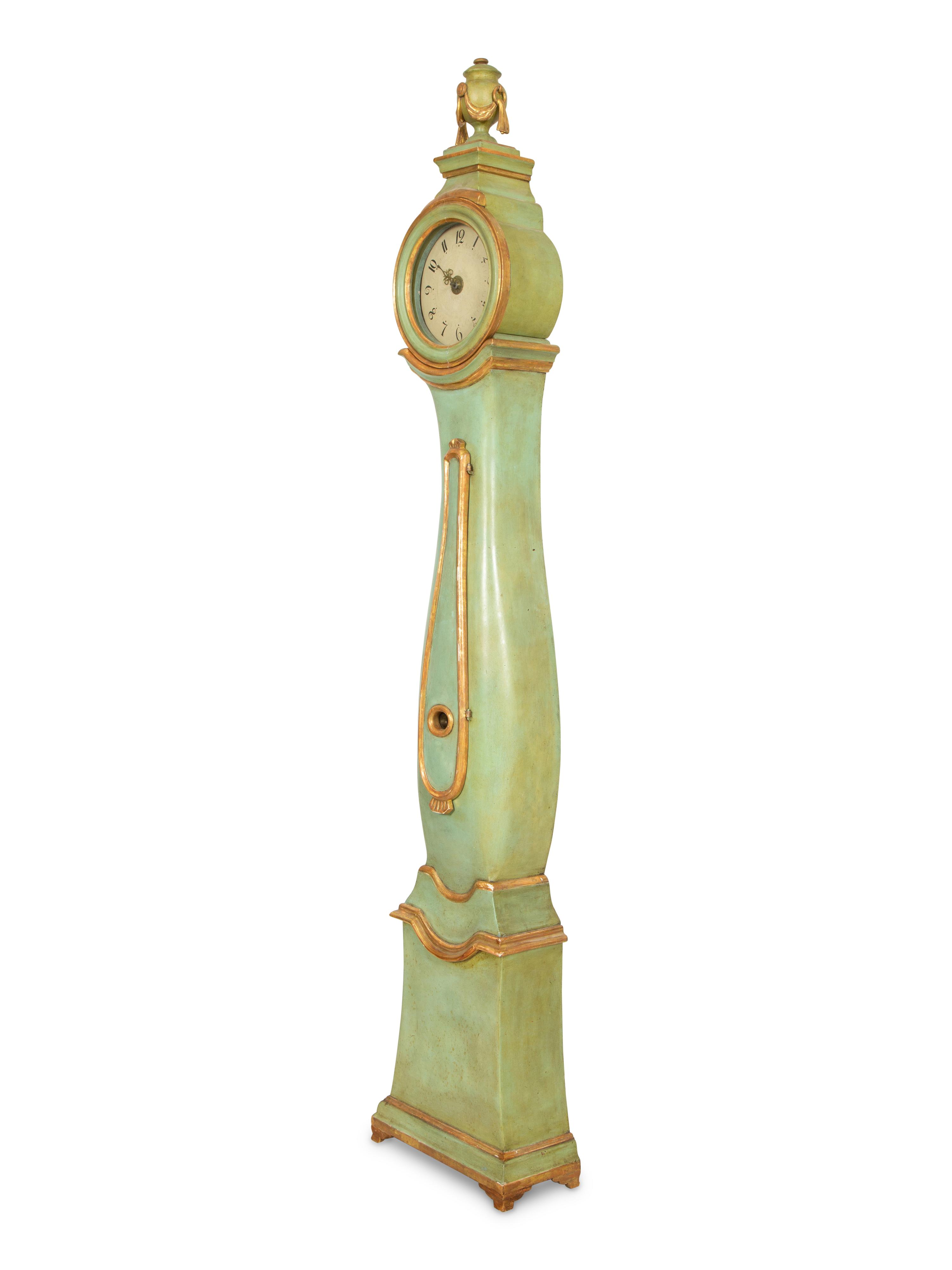A Swedish Green Painted and Parcel Gilt Longcase Clock