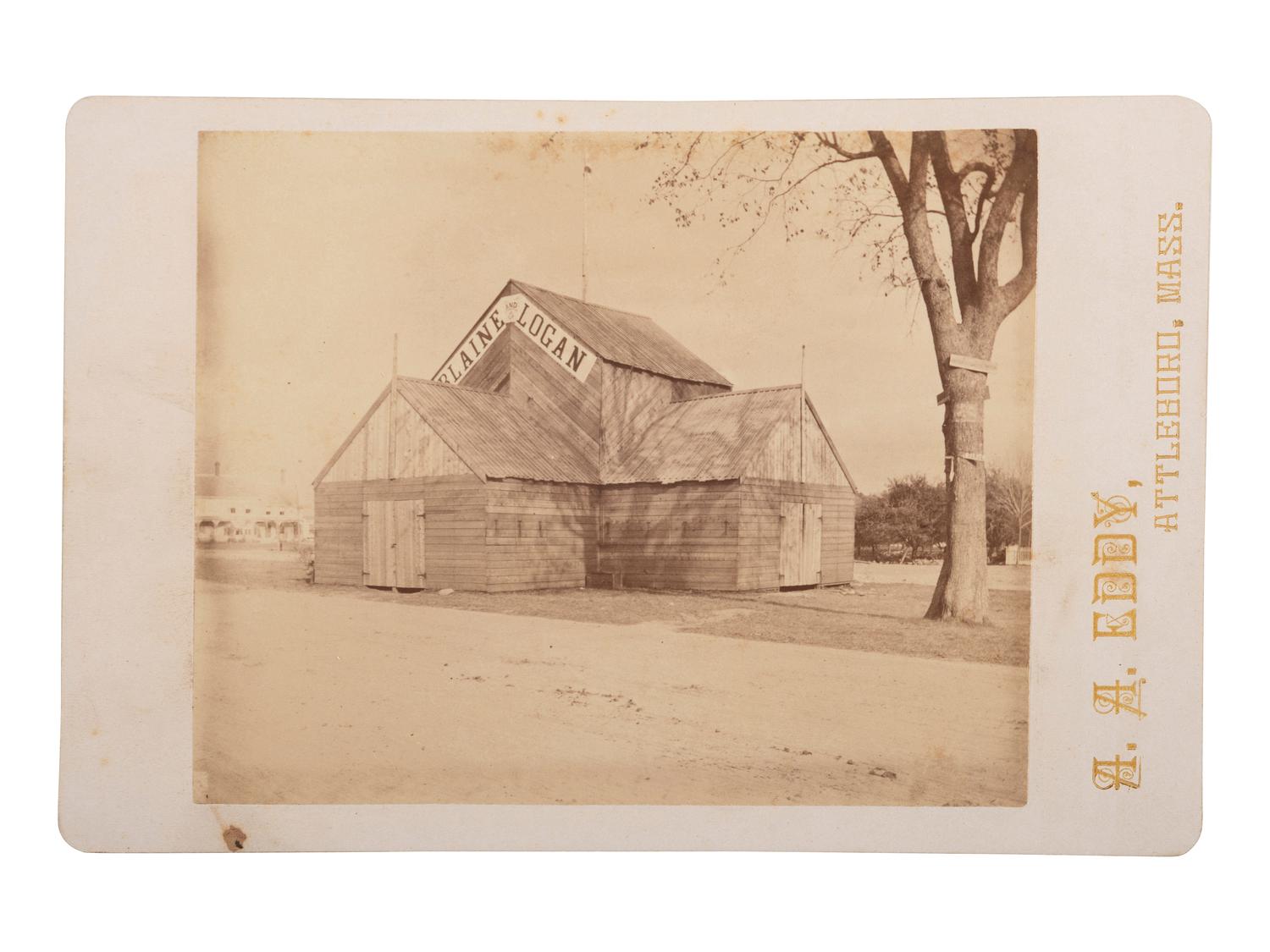 [1884 ELECTION]. A collection of cabinet cards and CDV from the 1884 election including portraits with Blaine or Cleveland ephemera, featuring a "Blaine and Logan" campaign building.