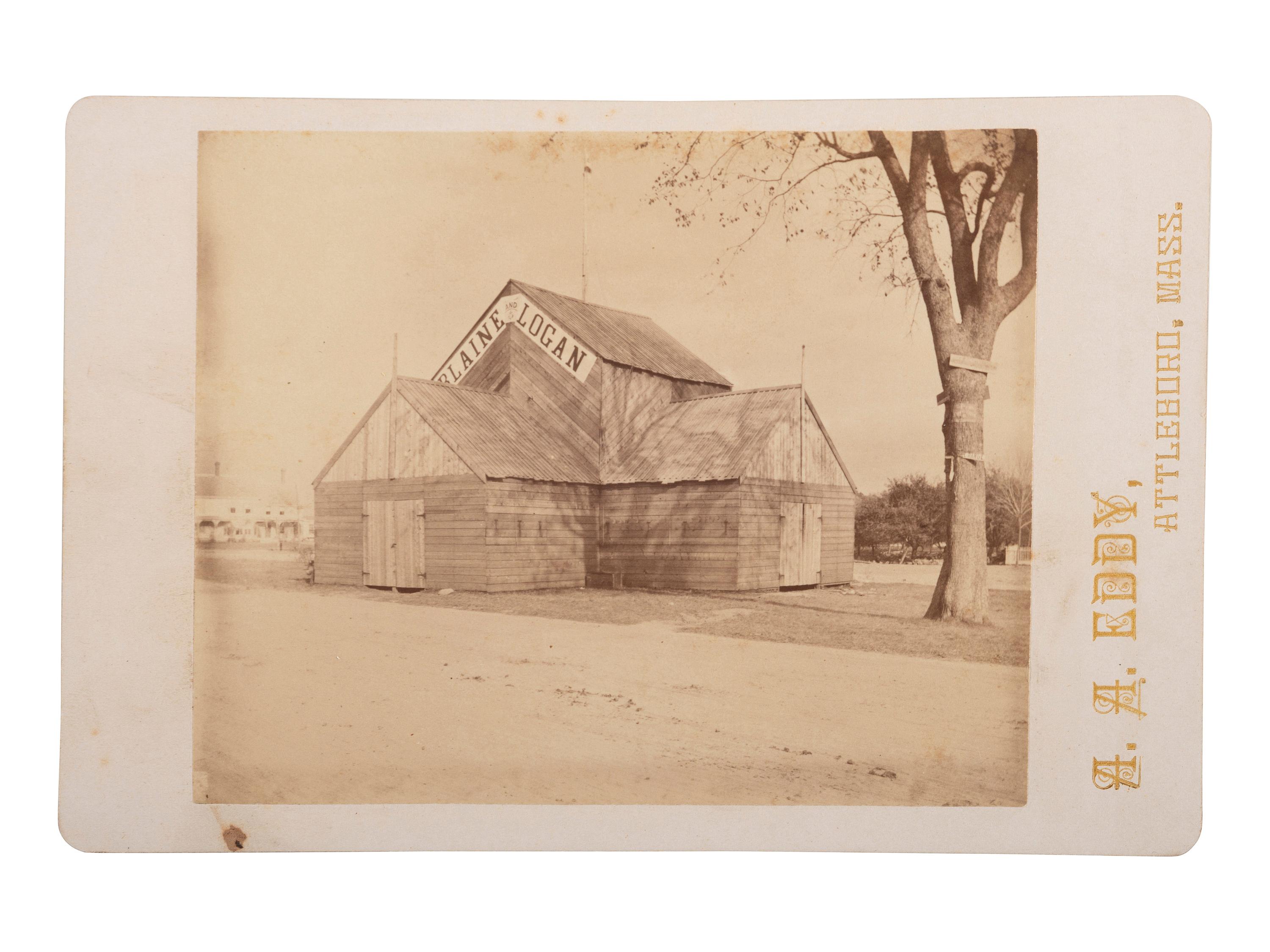 [1884 ELECTION]. A collection of cabinet cards and CDV from the 1884 election including portraits with Blaine or Cleveland ephemera, featuring a "Blaine and Logan" campaign building.