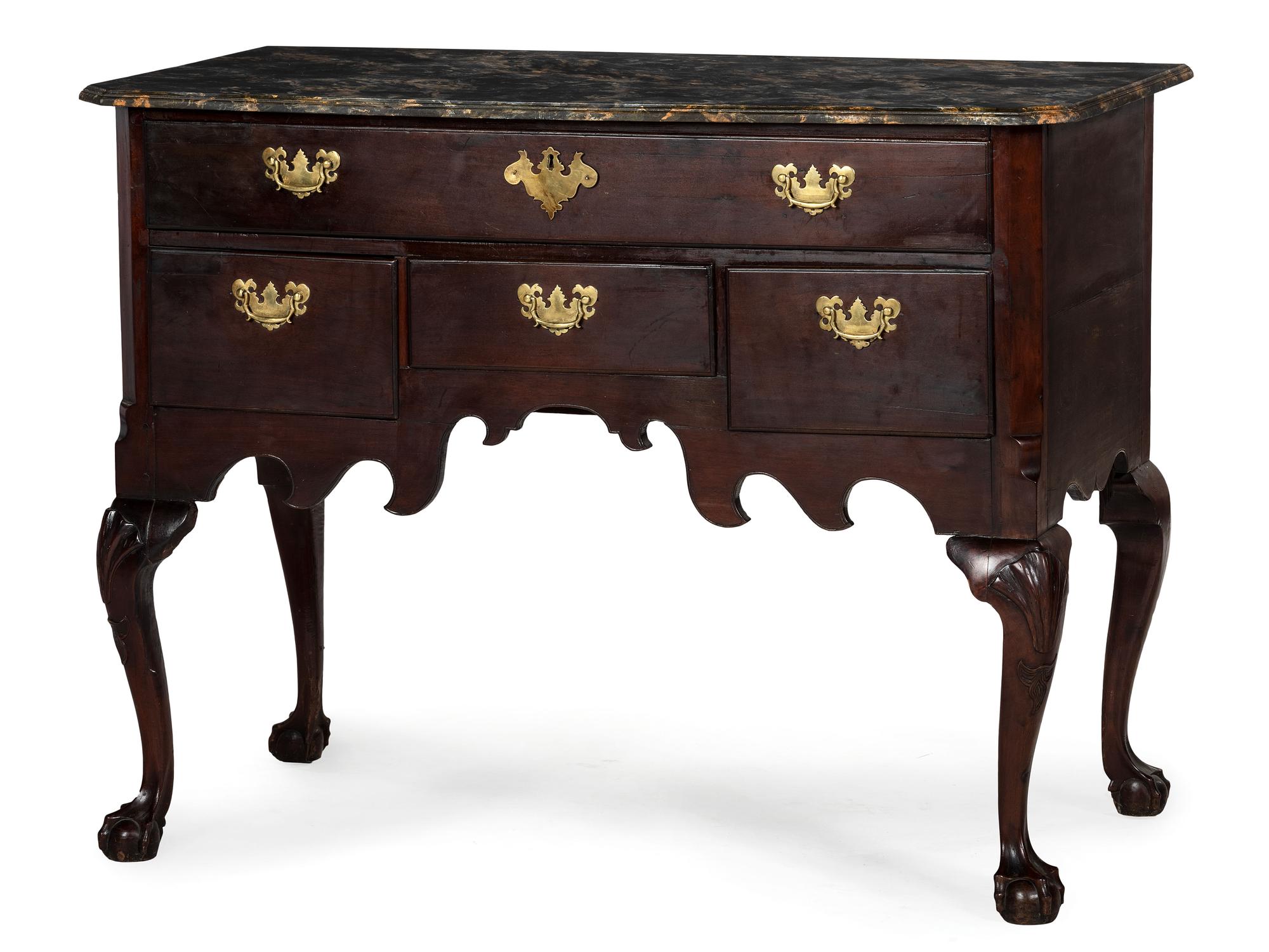 An Oversized Queen Anne Stained Shell-Carved Cherrywood Faux-Marble Top Dressing Table