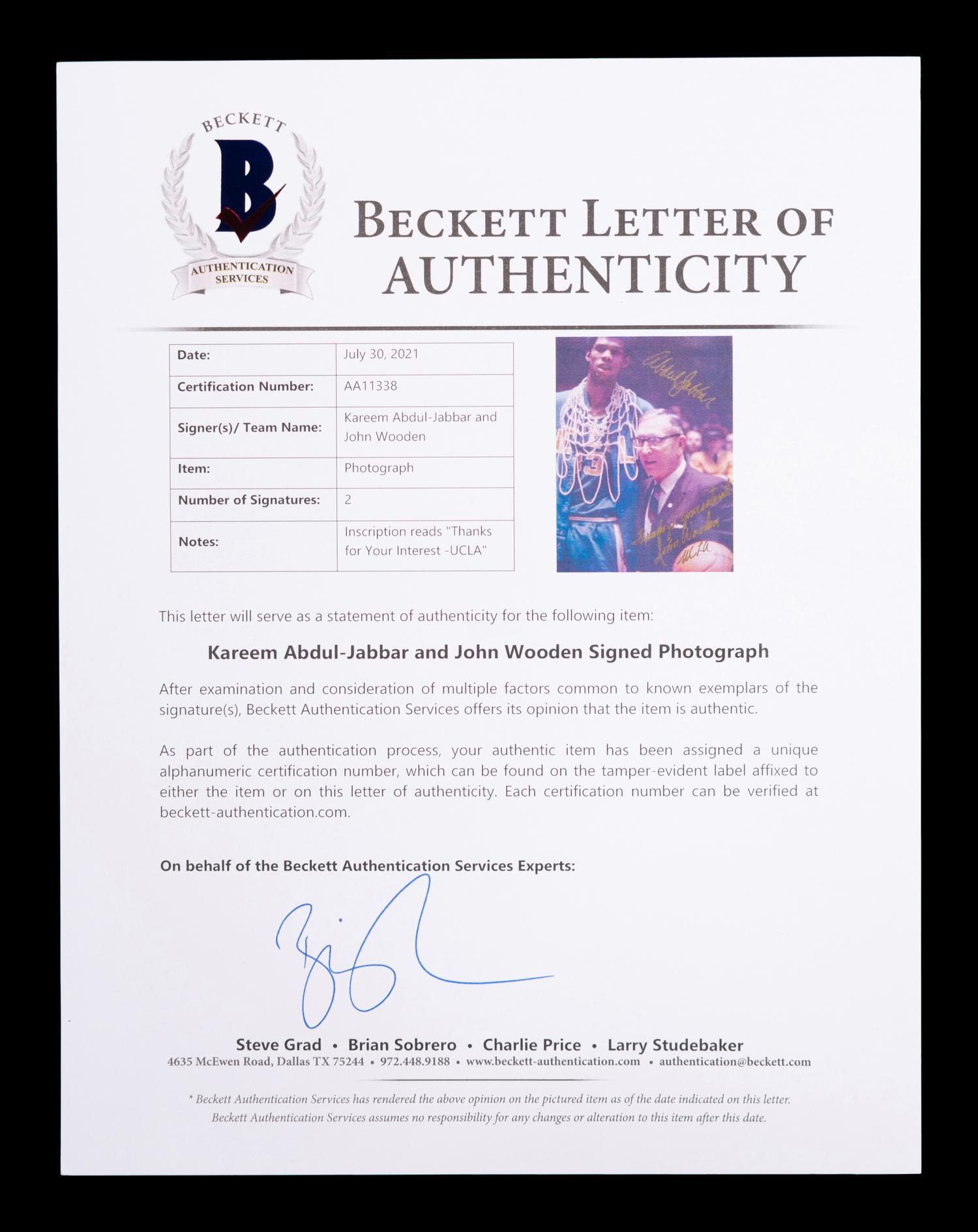 A Kareem Abdul-Jabbar and John Wooden UCLA Basketball Dual Signed Photograph (BAS Beckett Authentication Services Certified),