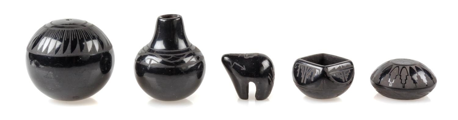 Five Santa Clara Blackware Pottery Articles Height of tallest 1 1/4 inches. — Dolores Curran (b. 1954)