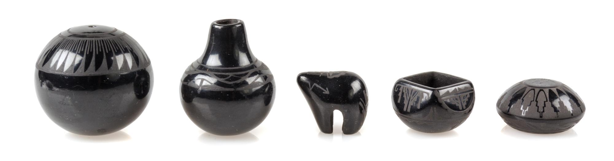 Five Santa Clara Blackware Pottery Articles Height of tallest 1 1/4 inches. — Dolores Curran (b. 1954)