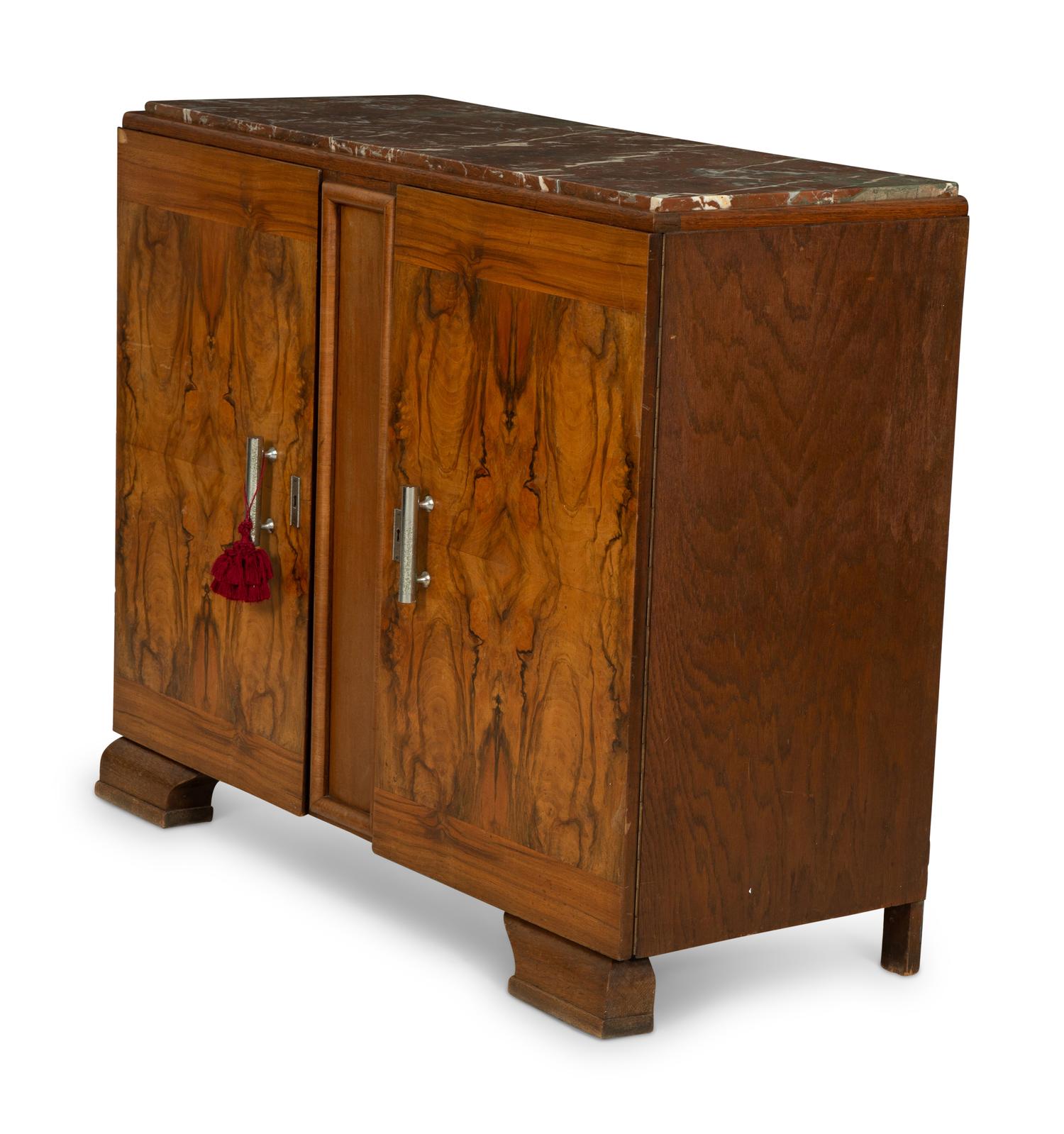 An Art Deco Style Burl Walnut Marble-Top Serving Cabinet