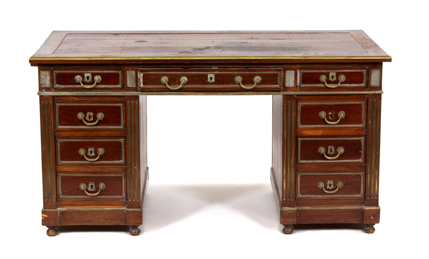 A French Empire Style Brass Mounted Pedestal Desk Height — 19TH CENTURY