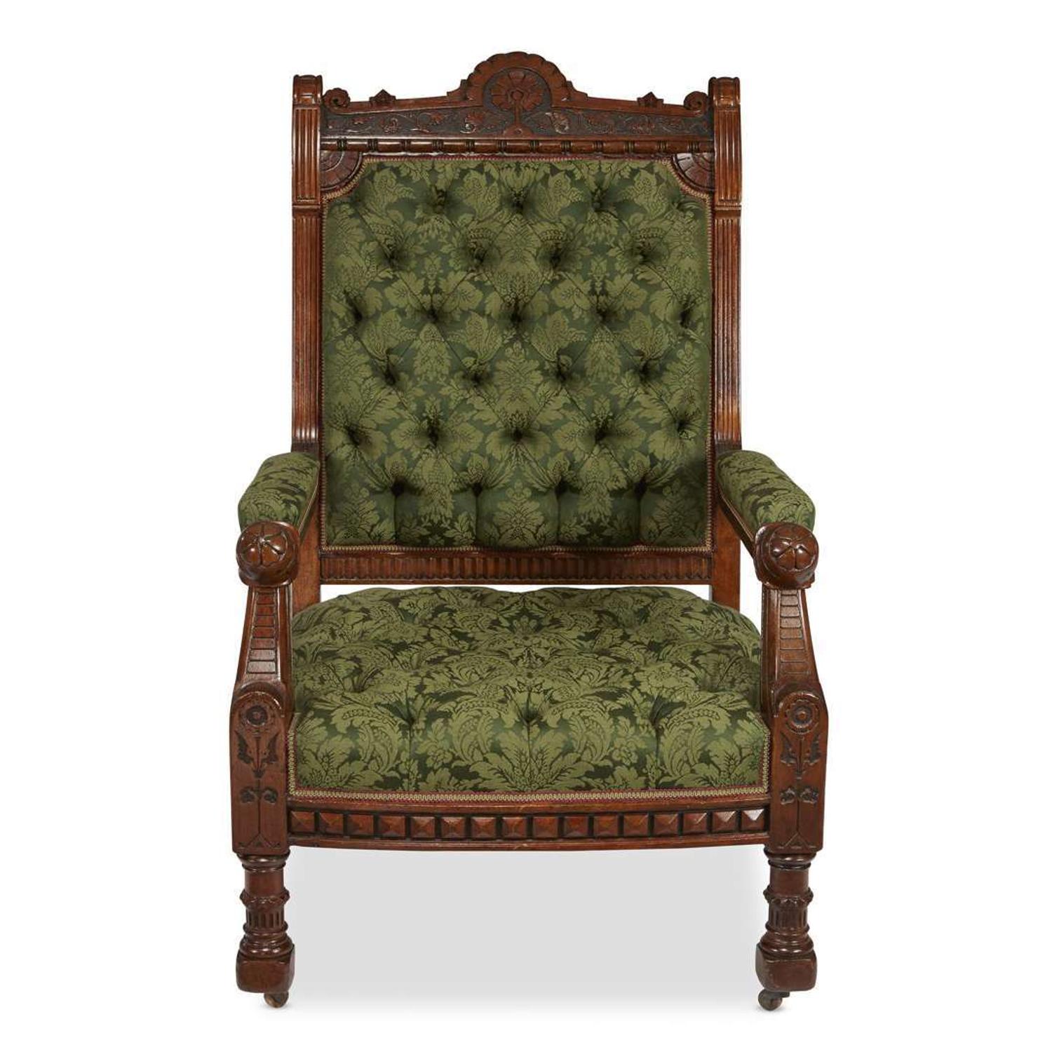 Fine Modern Gothic carved walnut upholstered armchair Daniel Pabst (1826-1910), Philadelphia, PA, circa 1880