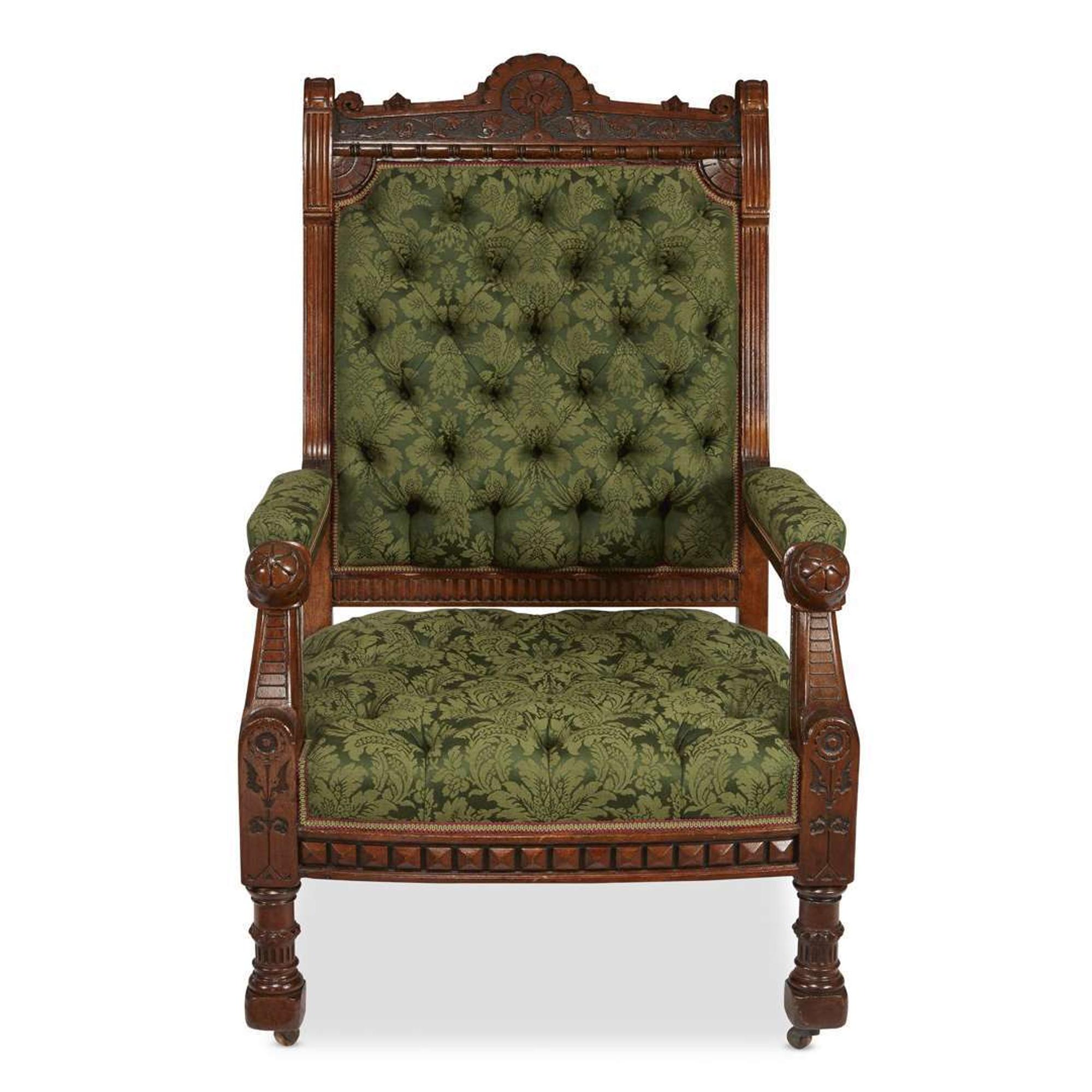 Fine Modern Gothic carved walnut upholstered armchair Daniel Pabst (1826-1910), Philadelphia, PA, circa 1880