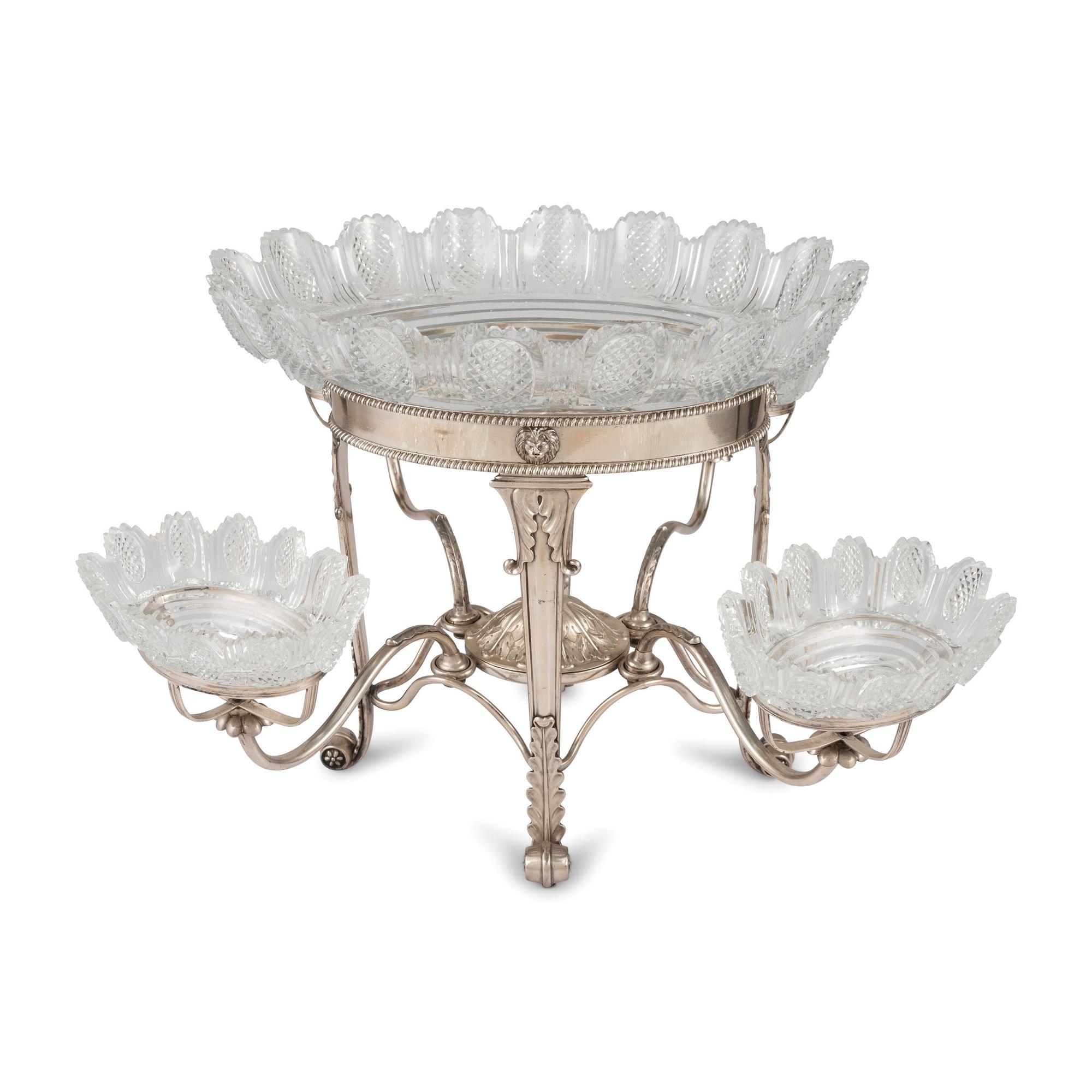 A Sheffield Plate Epergne with Cut Glass Bowls