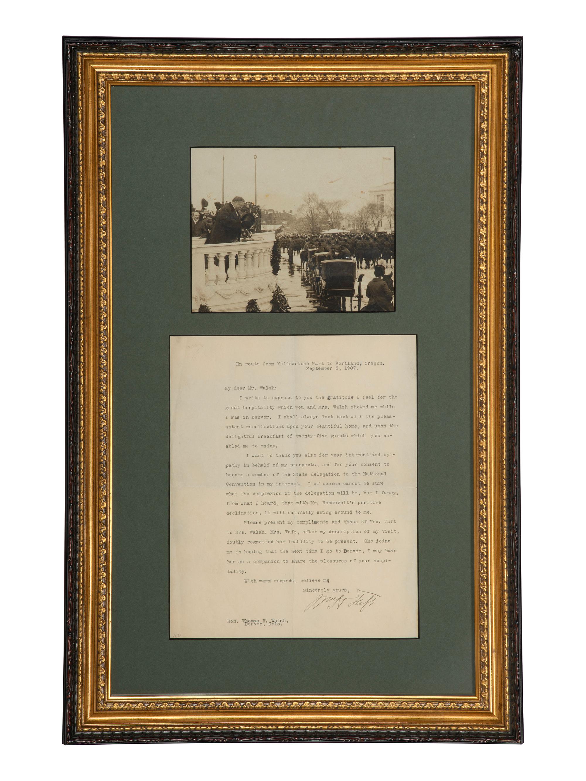 TAFT, William Howard (1857-1930). Typed letter signed, as Secretary of War, to Thomas F. Walsh. En route from Yellowstone Park to Portland, OR, 5 September 1907.