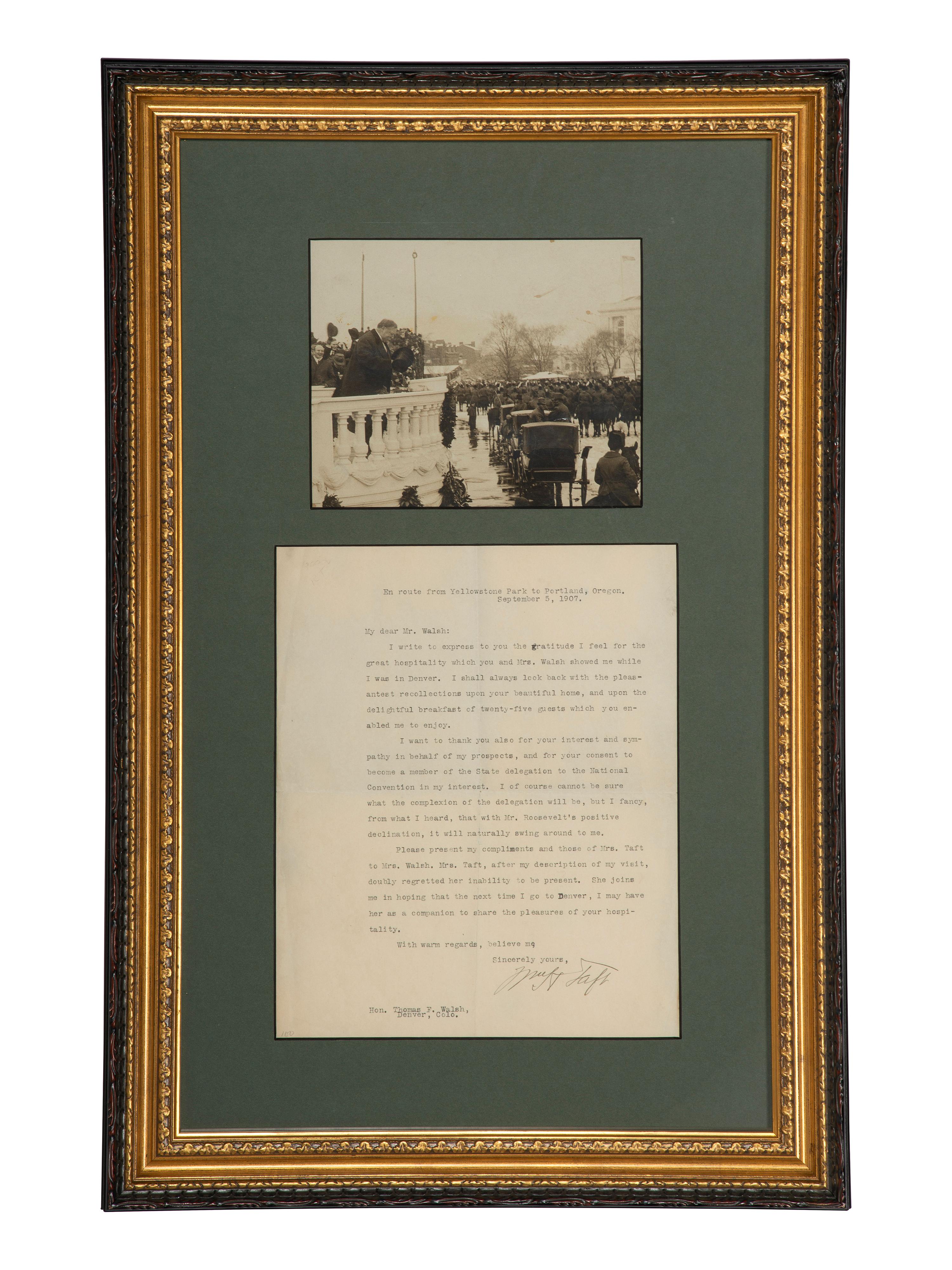TAFT, William Howard (1857-1930). Typed letter signed, as Secretary of War, to Thomas F. Walsh. En route from Yellowstone Park to Portland, OR, 5 September 1907.