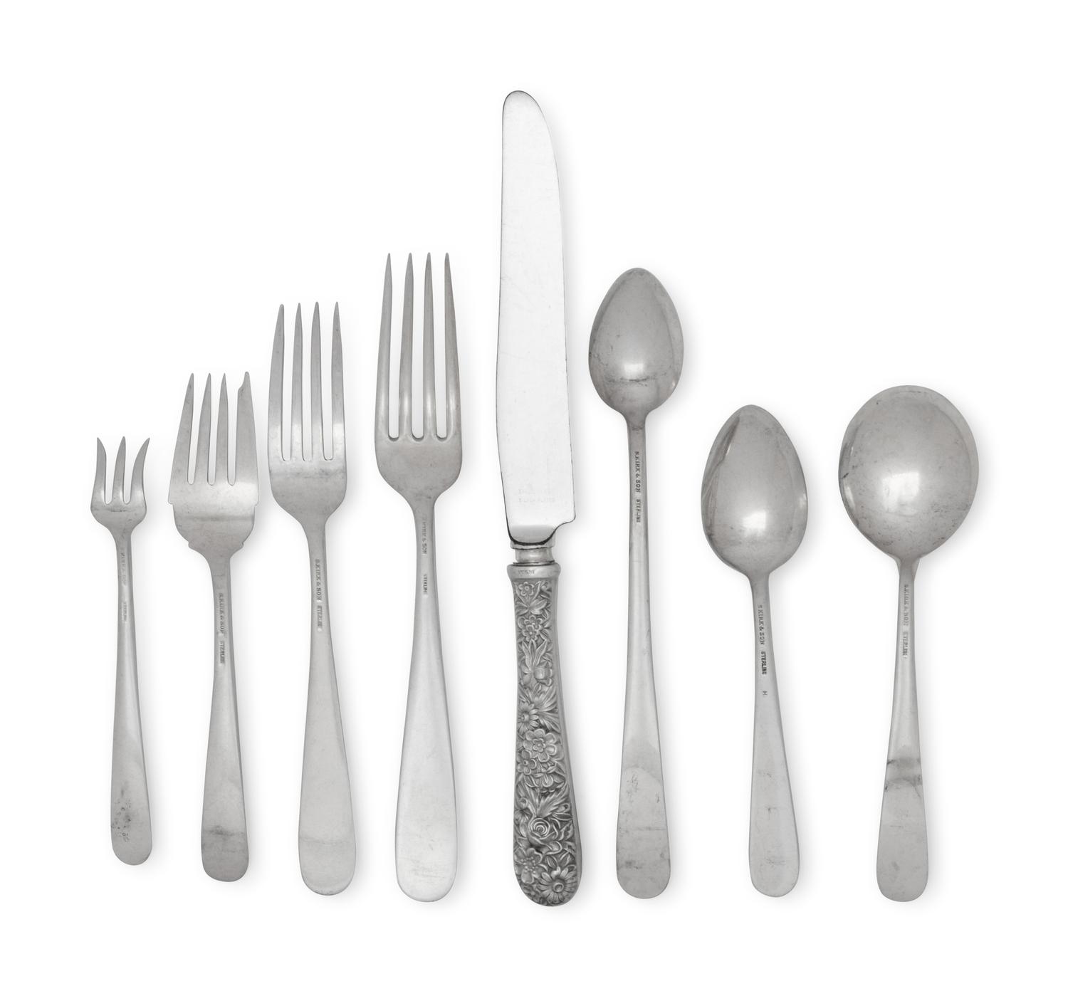 A Large S. Kirk and Son Repousse Silver Flatware Service
