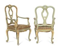 A Pair of Italian Rococo Style Painted and Parcel Gilt Armchairs