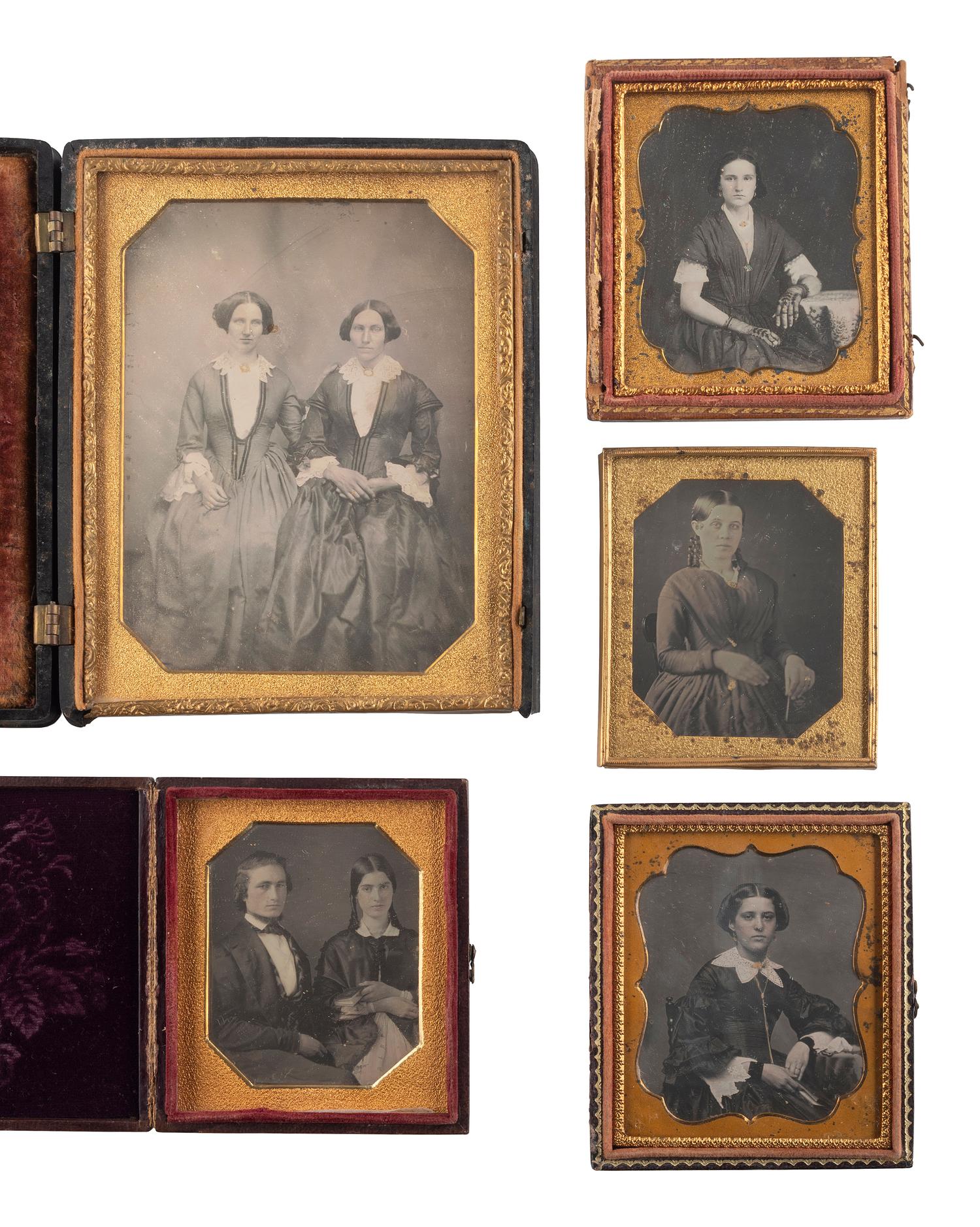 [EARLY PHOTOGRAPHY]. A group of 20 assorted portraits of women of varying ages, highlighted by half plate daguerreotype of two women, possibly sisters.