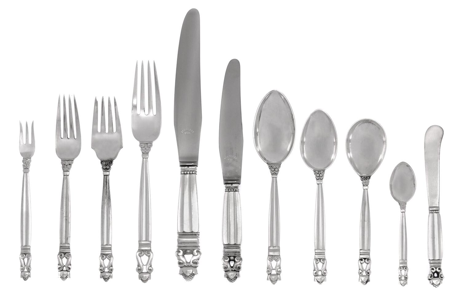 A Georg Jensen Acorn Silver Flatware Service
