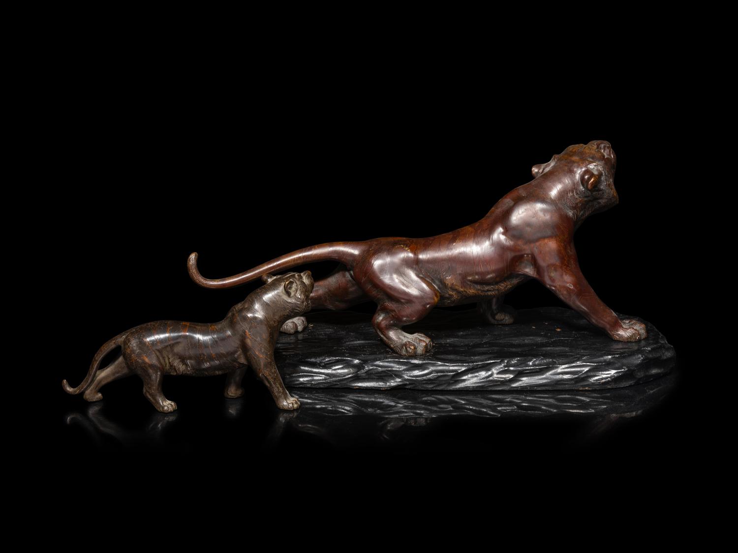 Two Japanese Bronze Okimono of Tigers