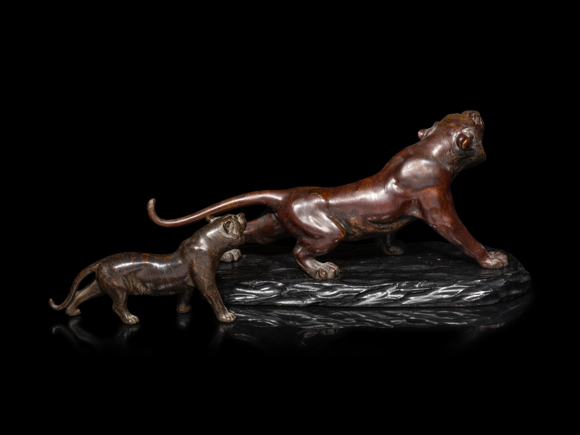 Two Japanese Bronze Okimono of Tigers